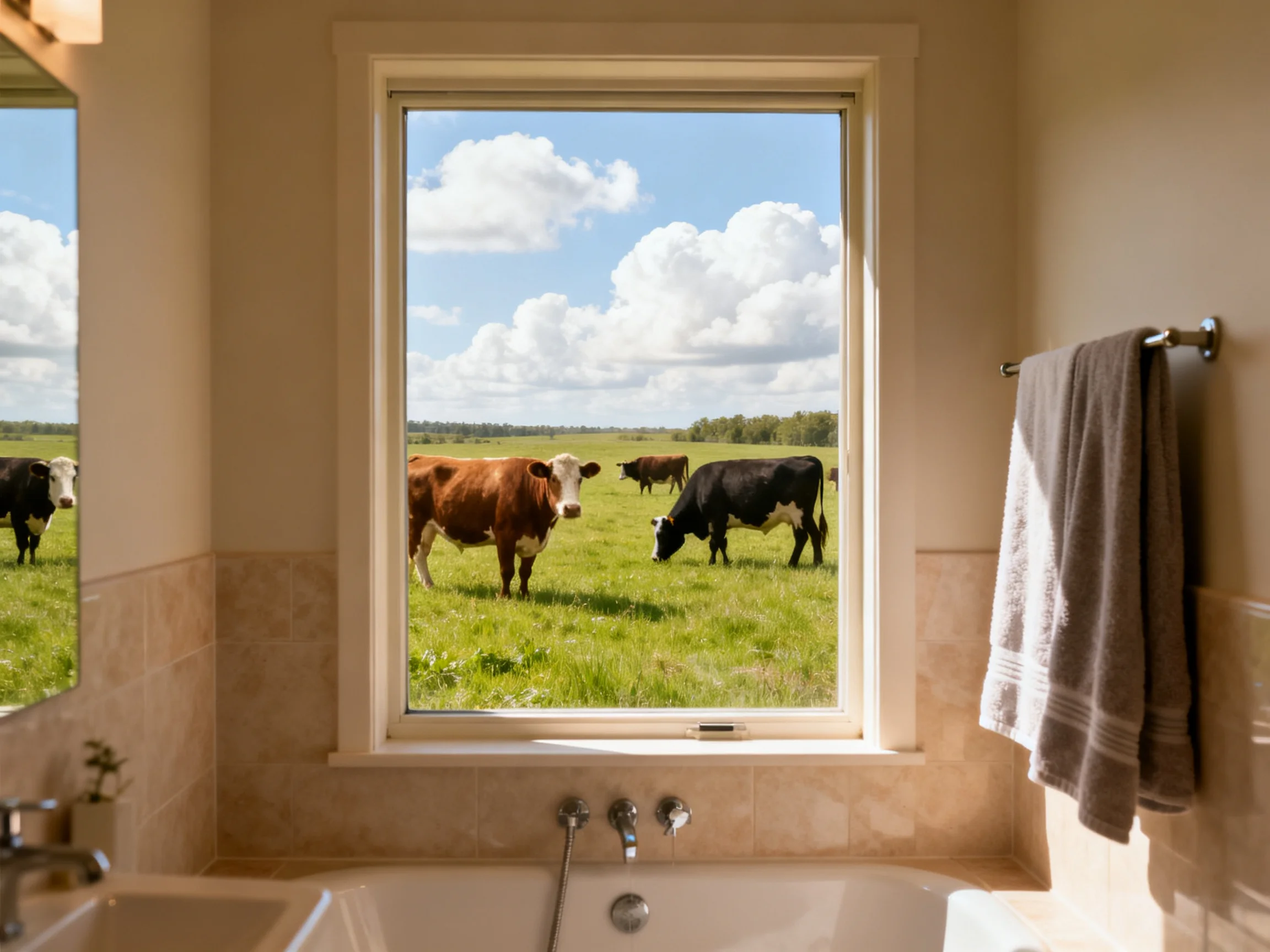 A bathroom window displays a sunny pasture with brown and black cattle