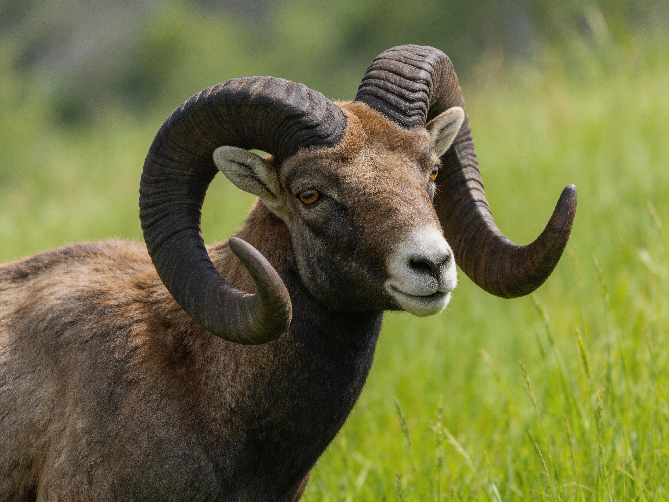 A bighorn ram with massive curved horns in a lush green meadow
