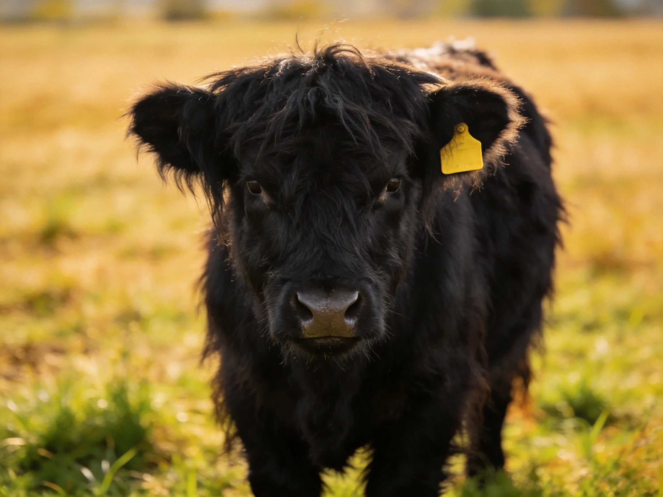 A black Highland calf with a yellow ear tag in a sunlit meadow