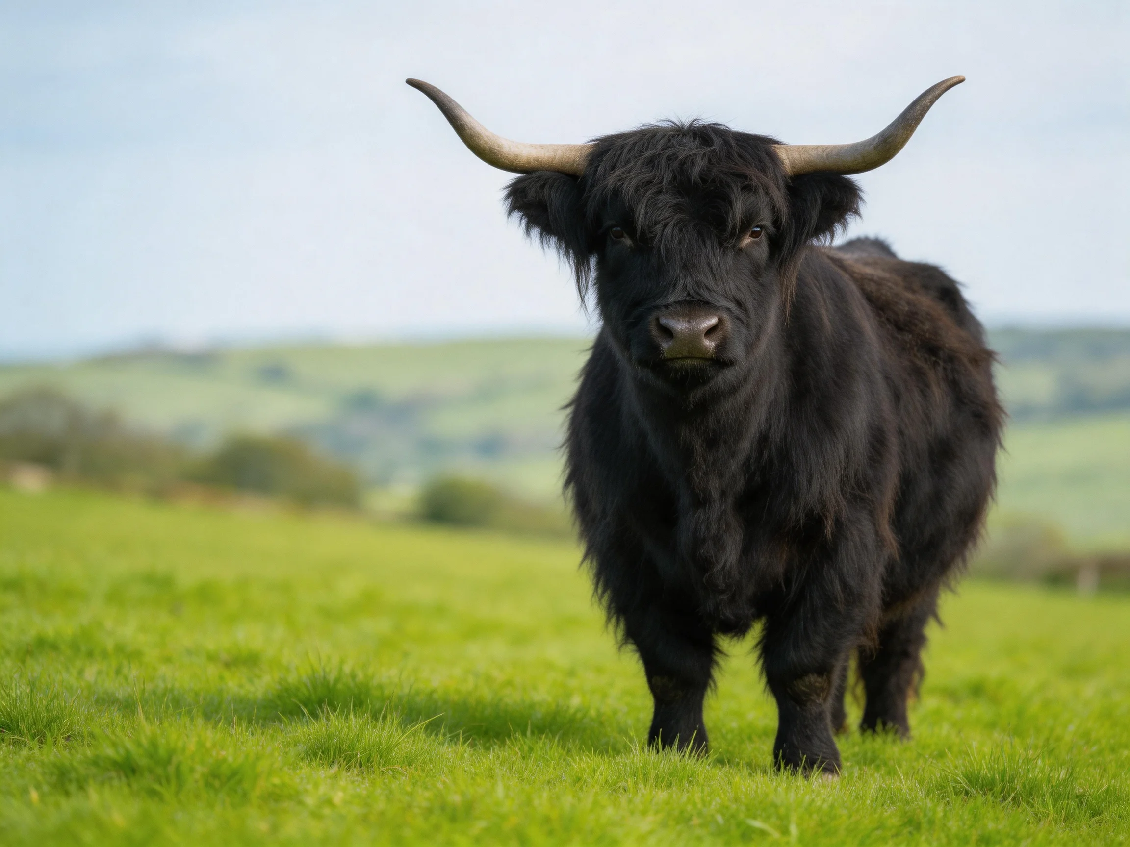 A black Highland cow in a lush green pasture