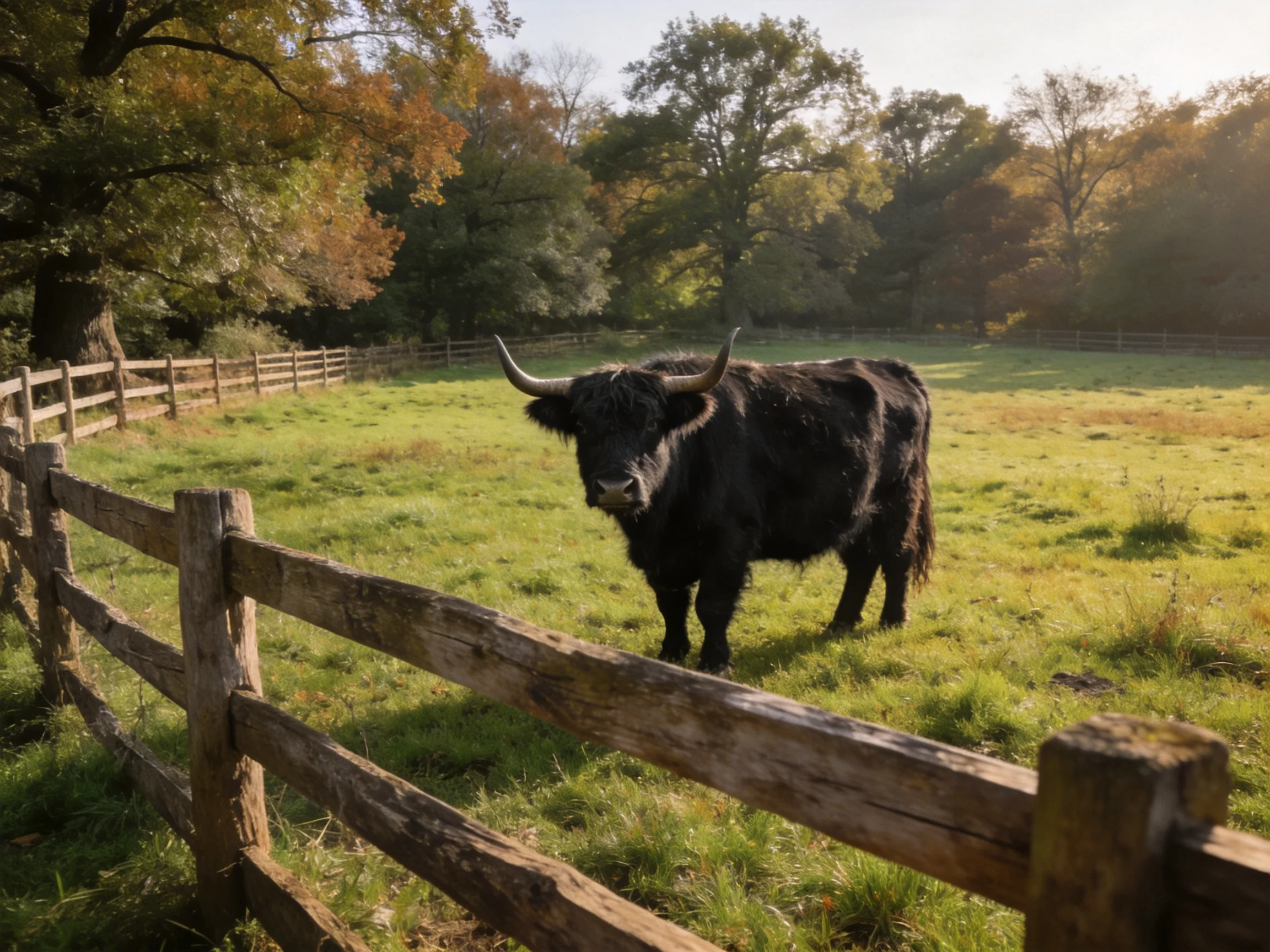 A black Highland cow near a weathered wooden fence in an autumn pasture
