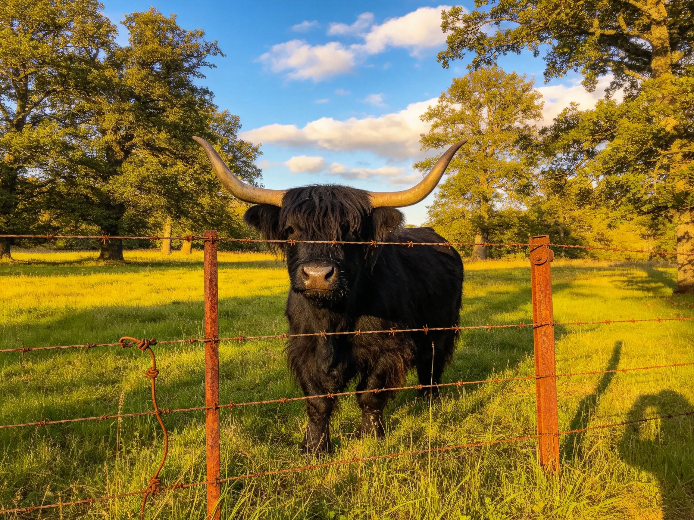 A black Highland cow near rusted barbed wire in a sunny meadow