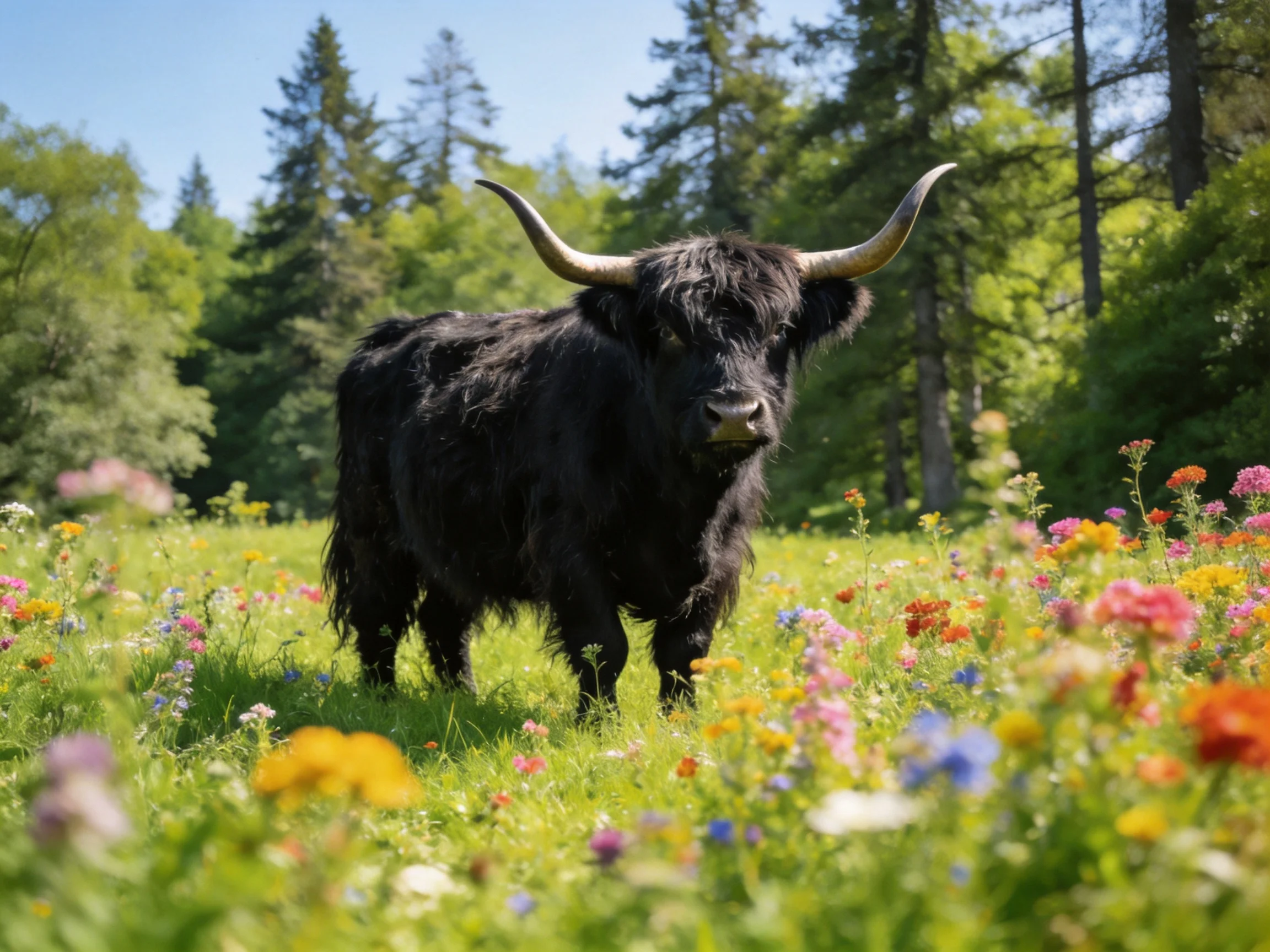 A black Highland cow stands among colorful wildflowers in a sunlit meadow