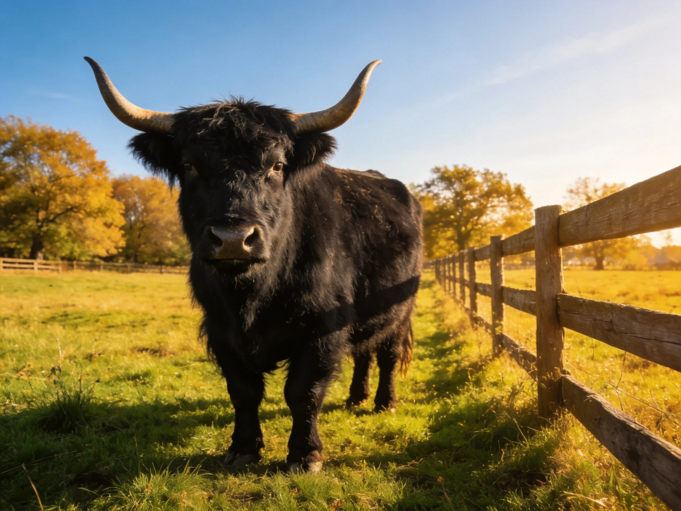 A black Highland cow stands beside a wooden fence in a sunlit field