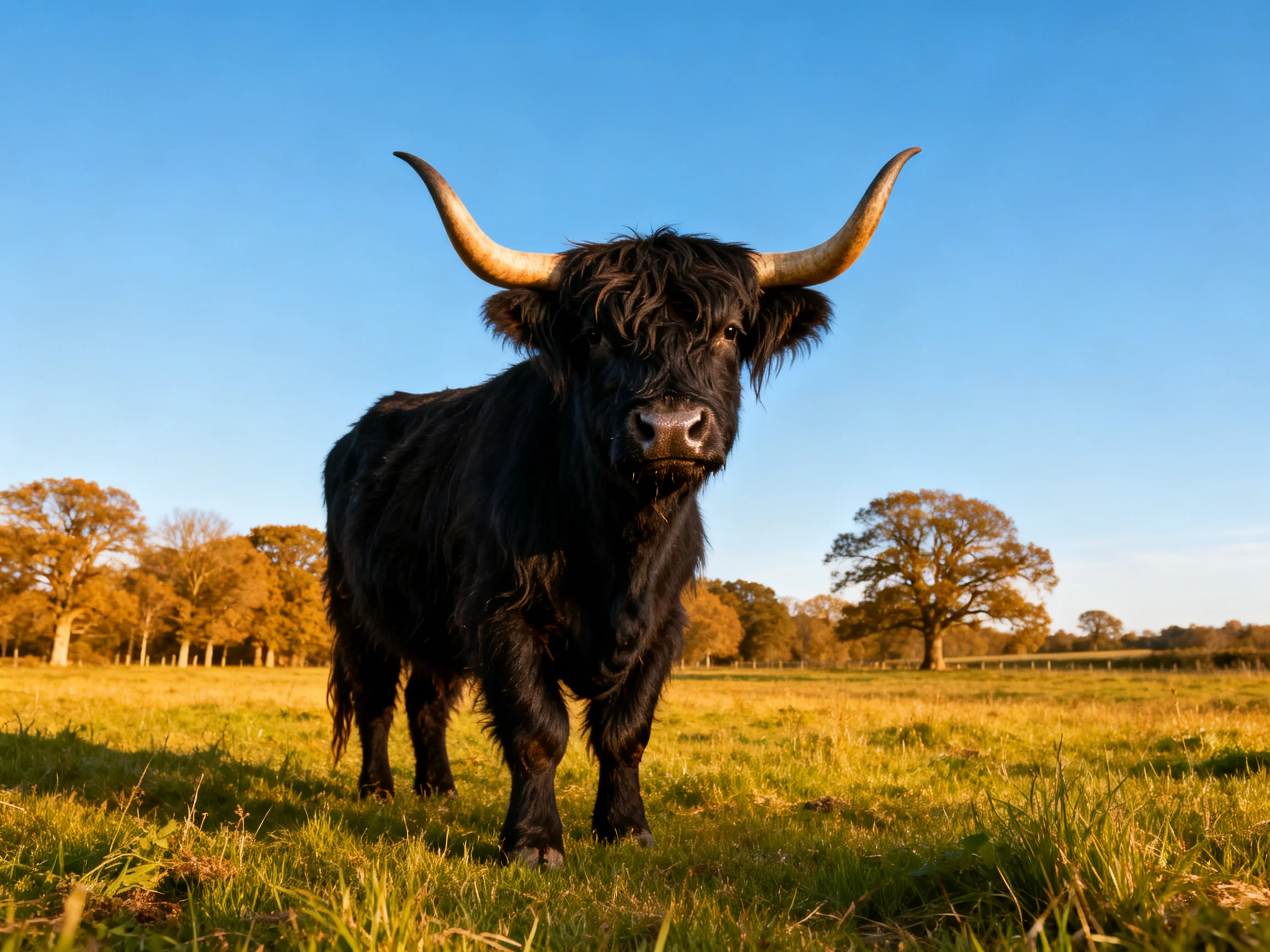 A black Highland cow stands in a golden meadow with autumn trees