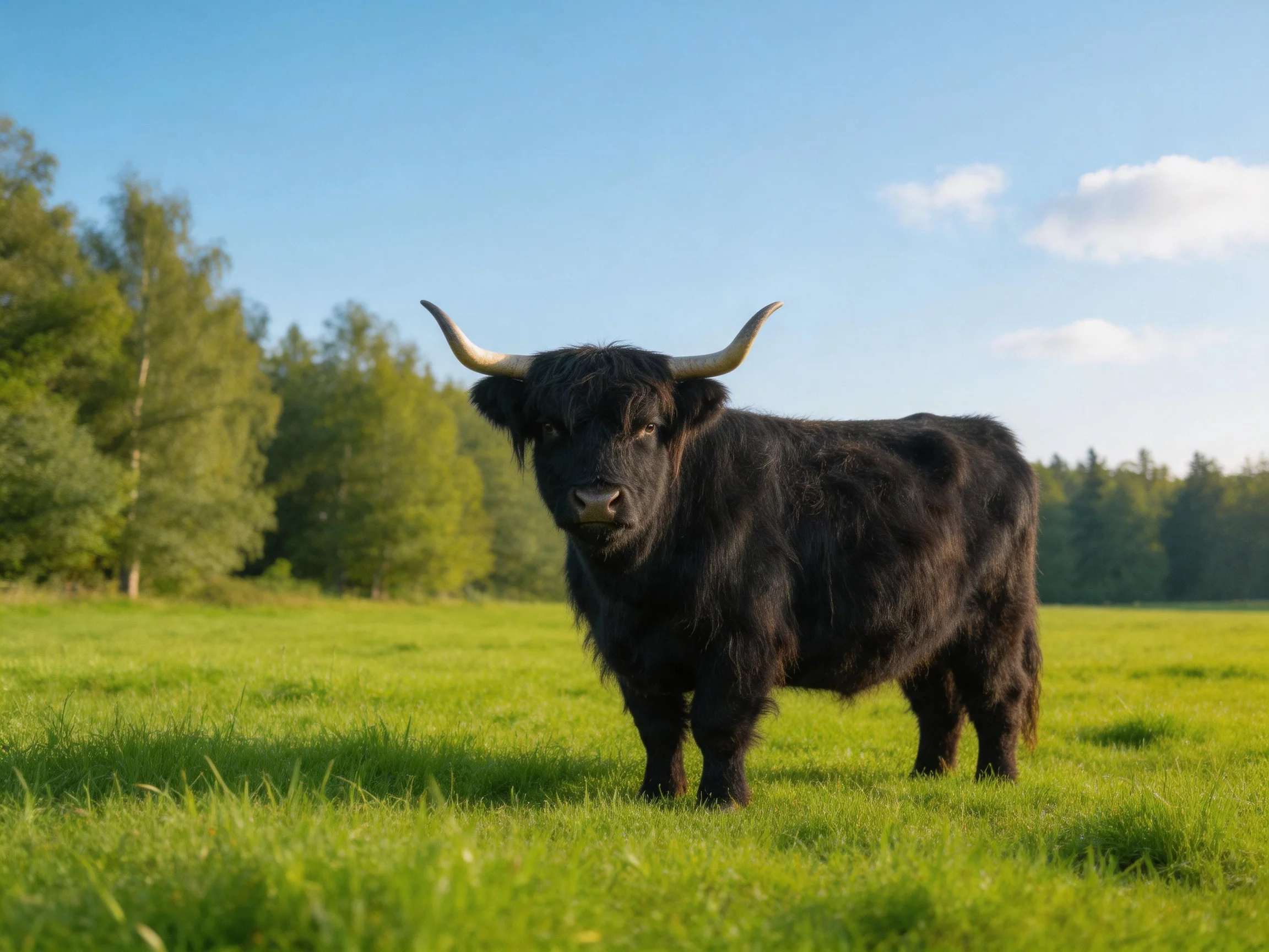 A black Highland cow stands in a lush green meadow near trees