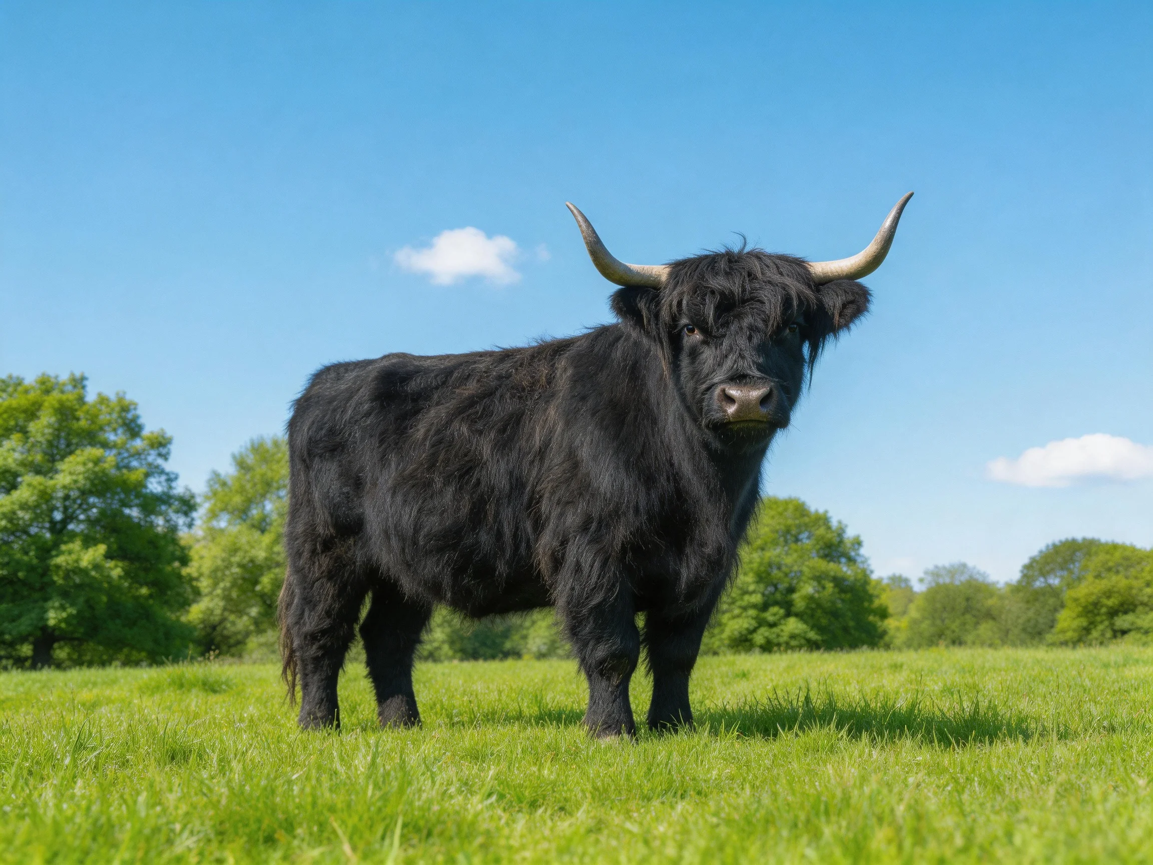 A black Highland cow stands in a lush green meadow under clear blue sky