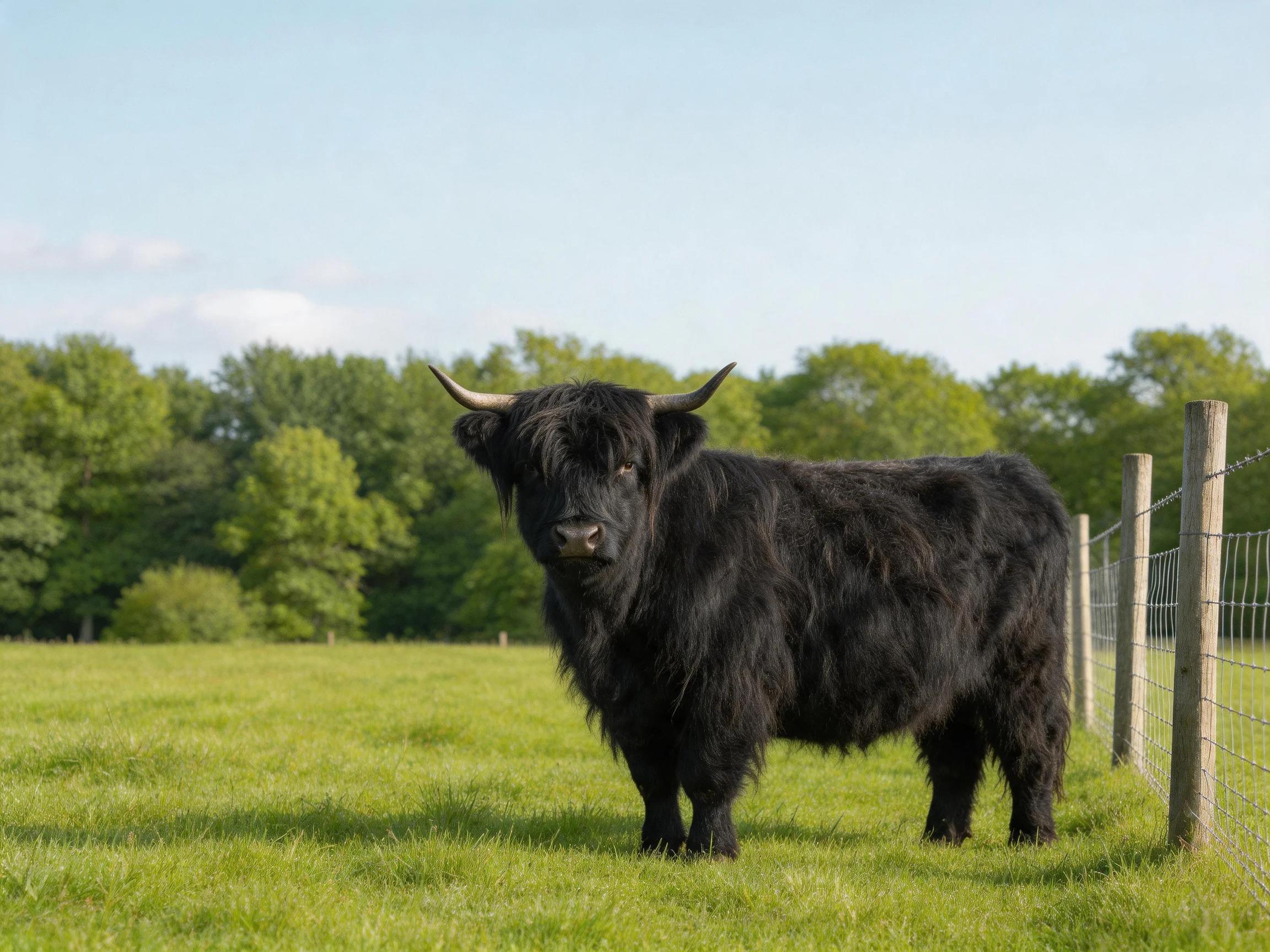 A black Highland cow stands near a wooden fence in a green pasture
