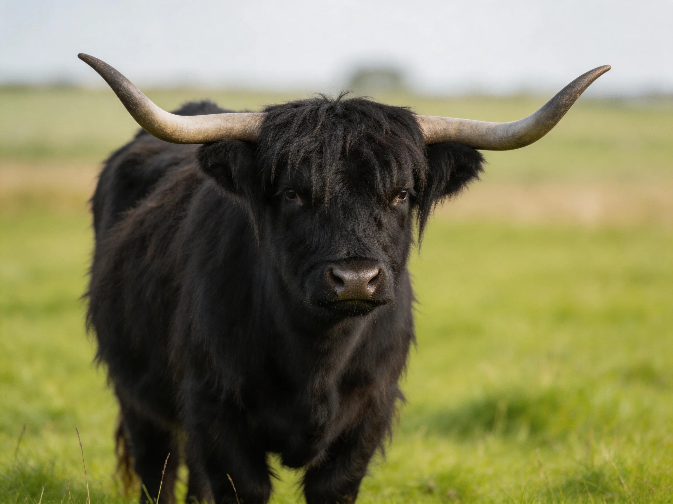 A black Highland cow with large curved horns in a green pasture