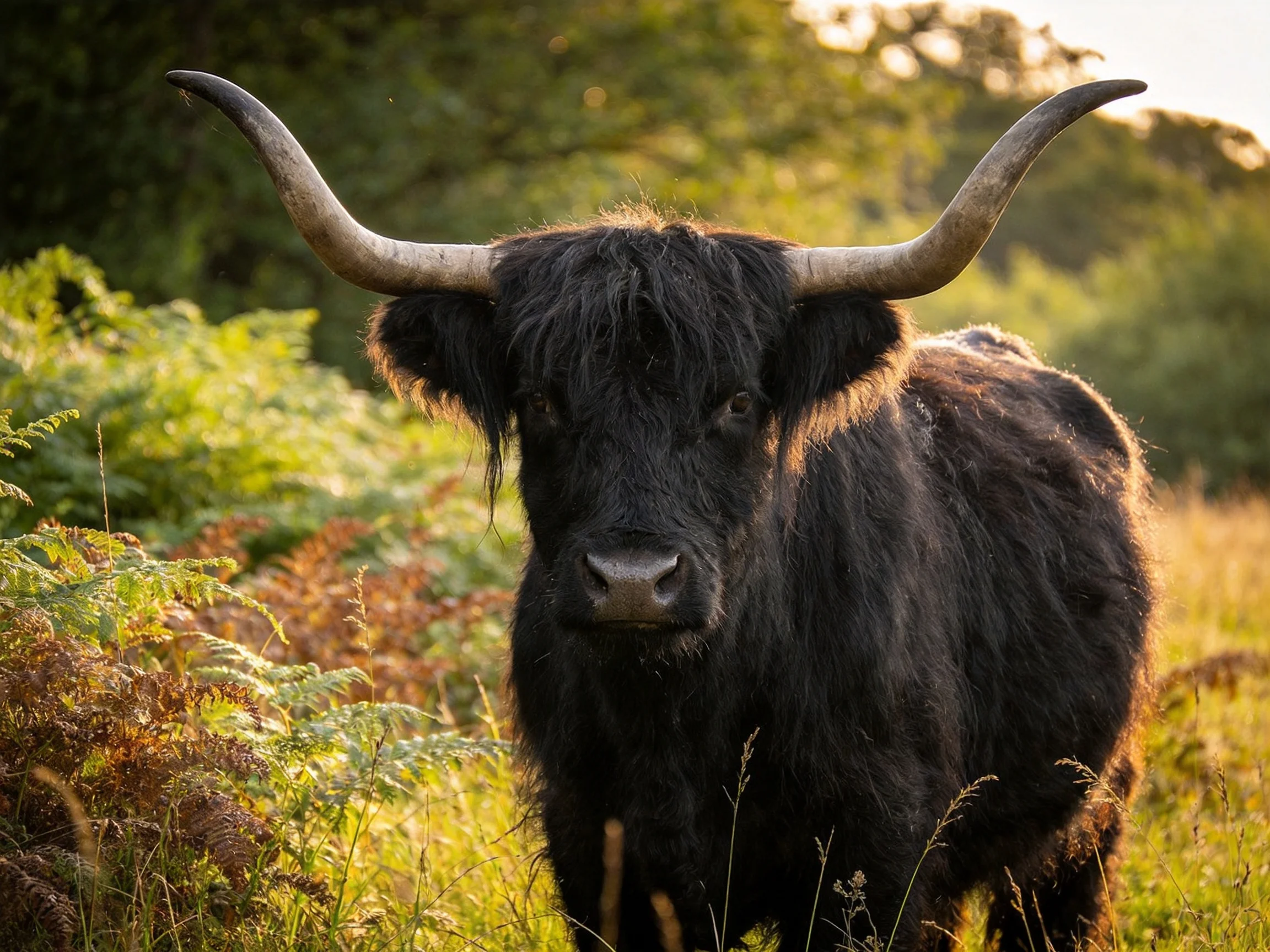 A black Highland cow stands amid ferns and grasses in a sunlit outdoor area.