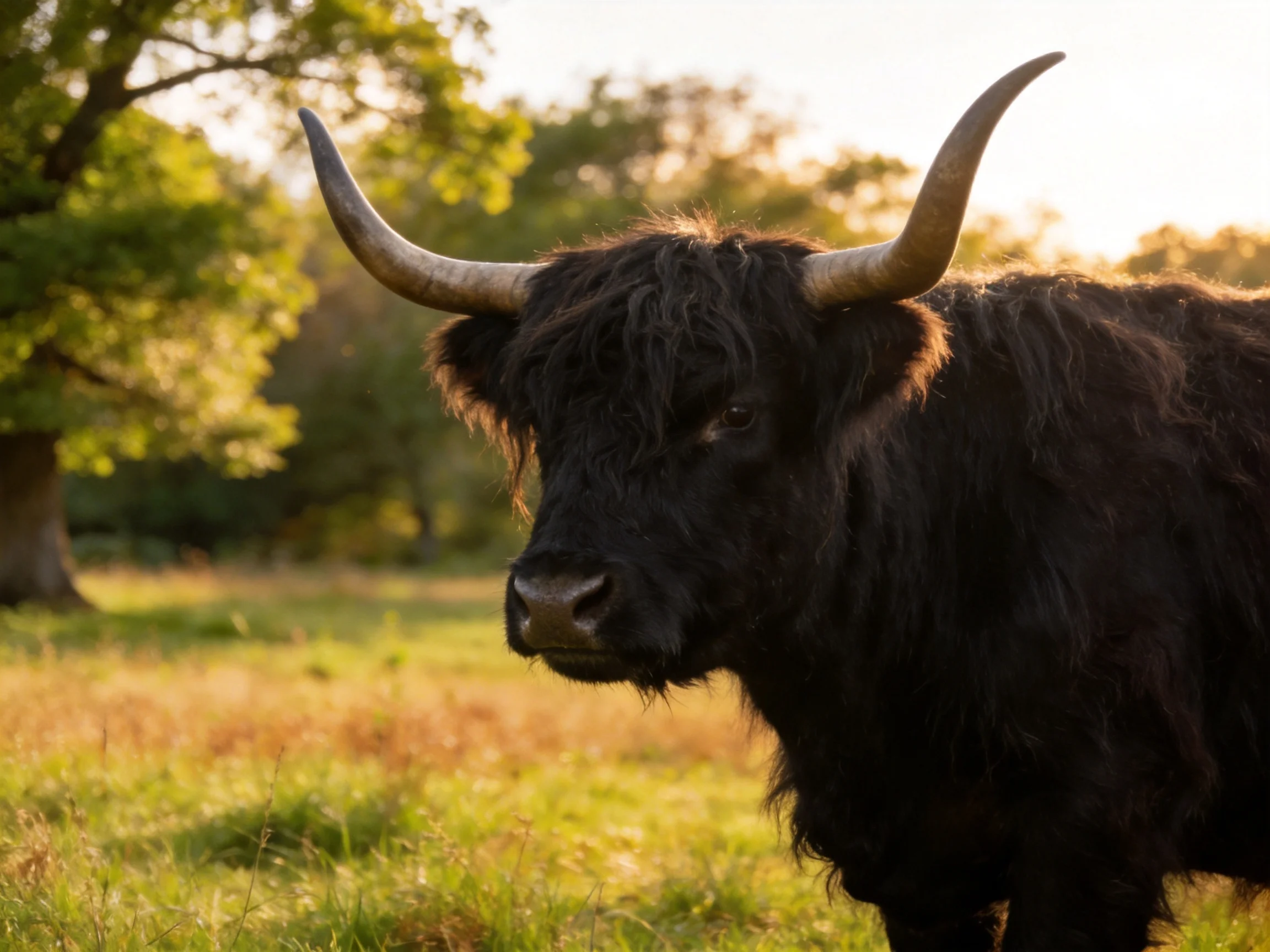 A black Highland cow with large curved horns in a sunlit meadow