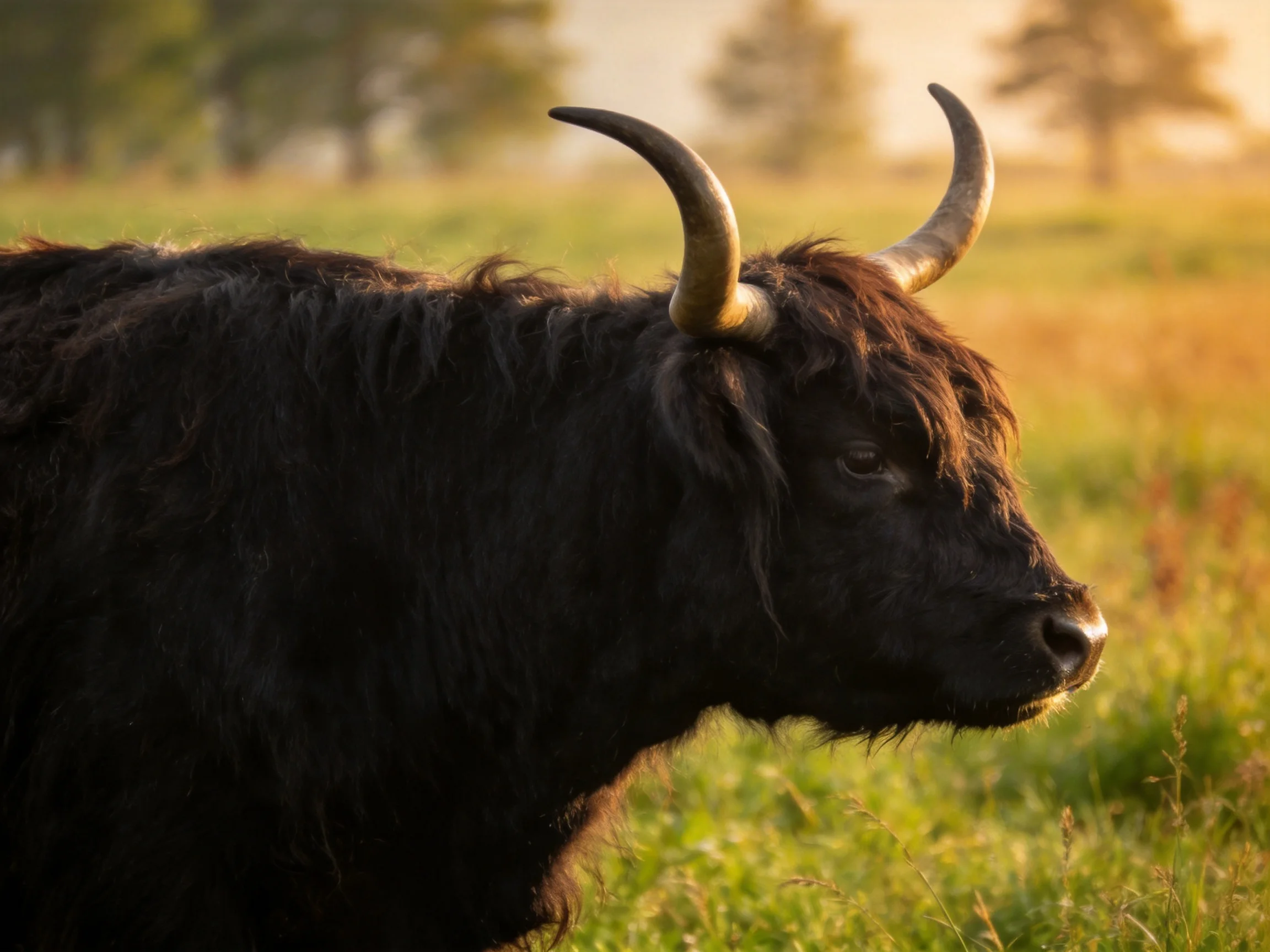 A black Highland cow with large curved horns in a sunlit meadow