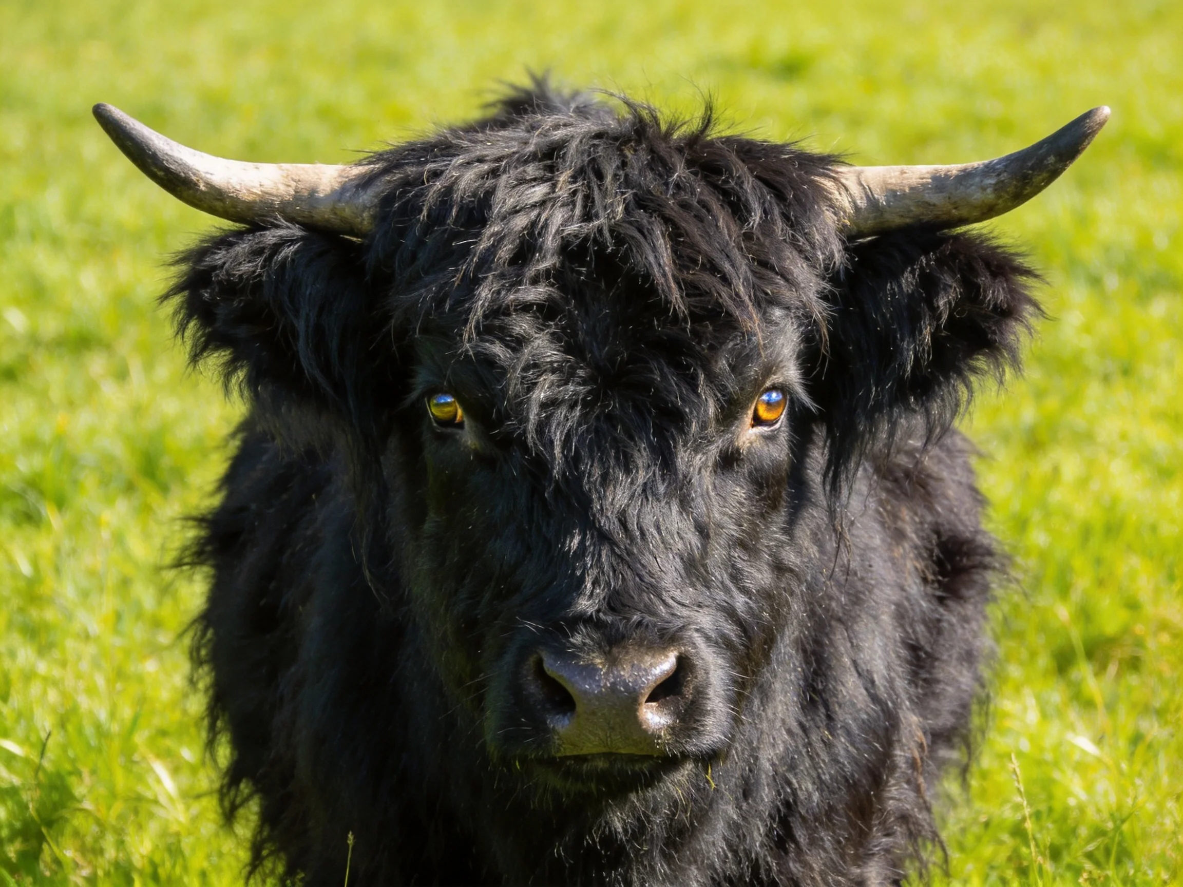 A black Highland cow with large curved horns in green pasture