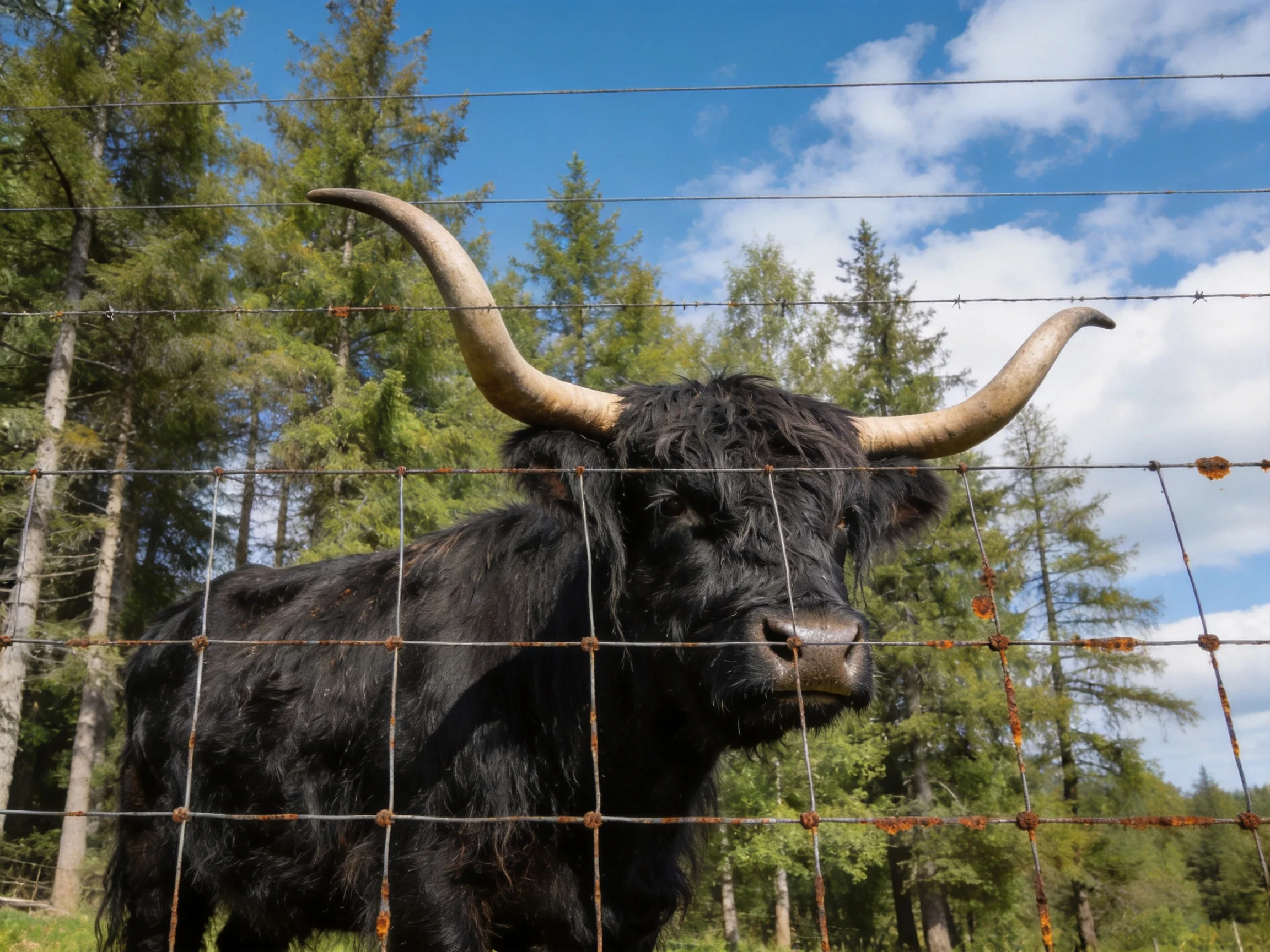 A black Highland cow stands behind a rusty wire fence in a forested area.