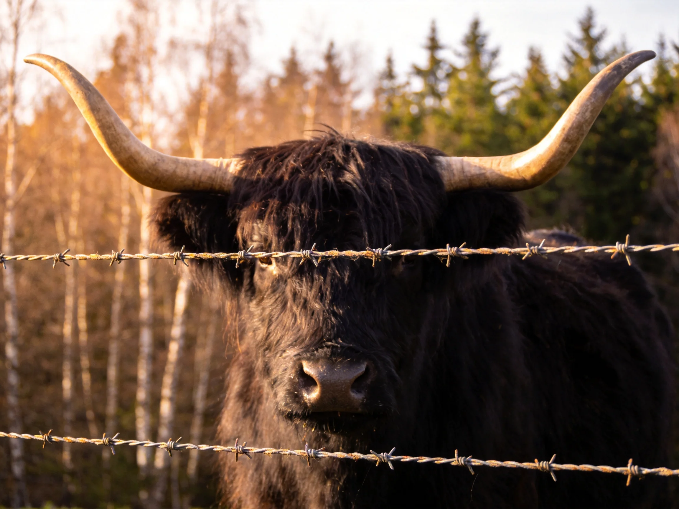 A black Highland cow with large curved horns near barbed wire fence