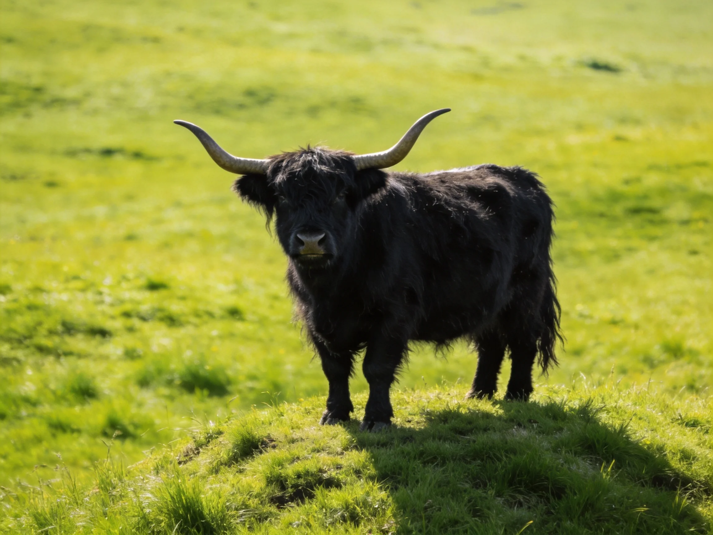 A single black Highland cow stands in a sunlit green field.