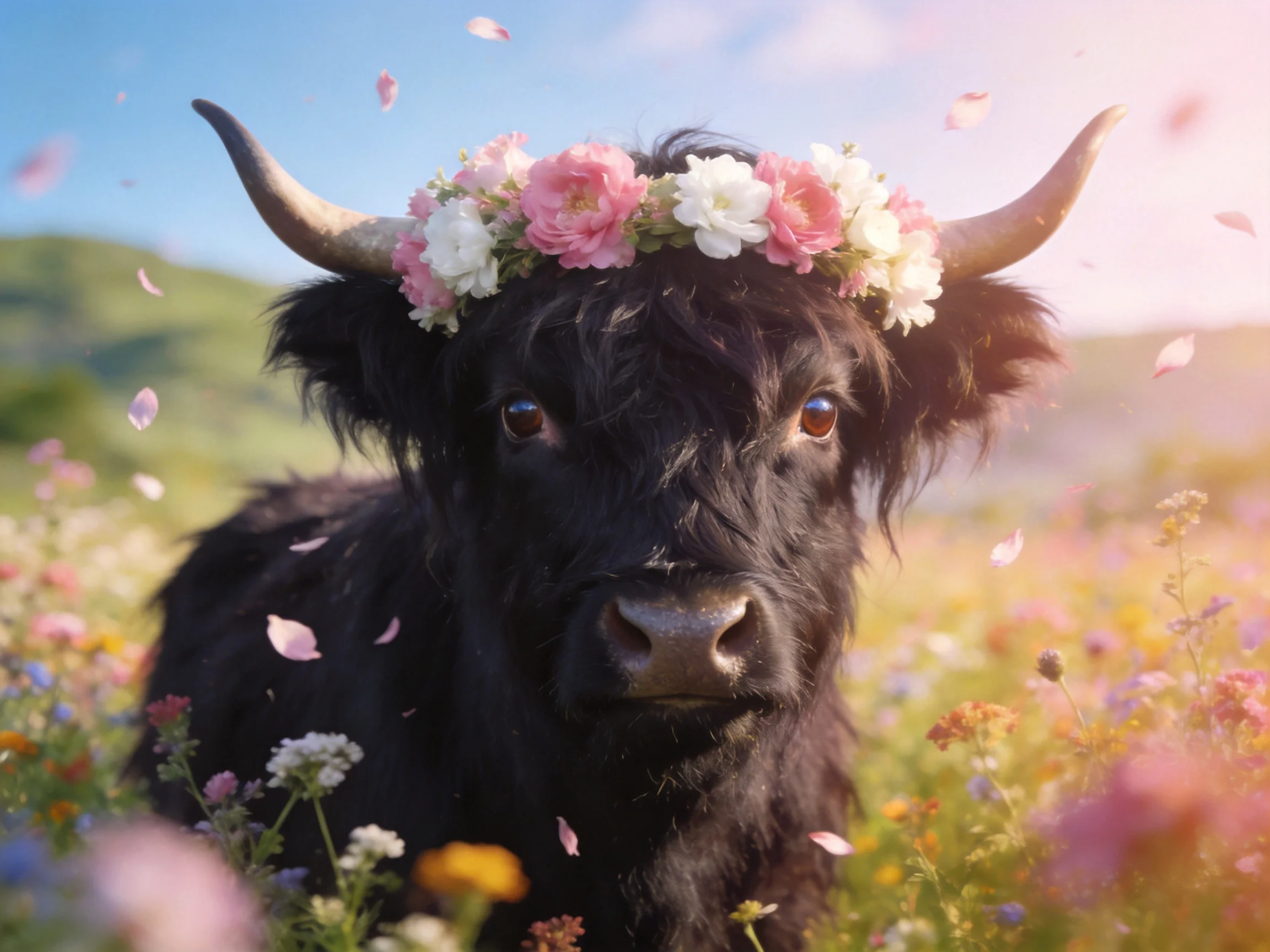 A black Highland cow with pink and white flower crown in a colorful meadow