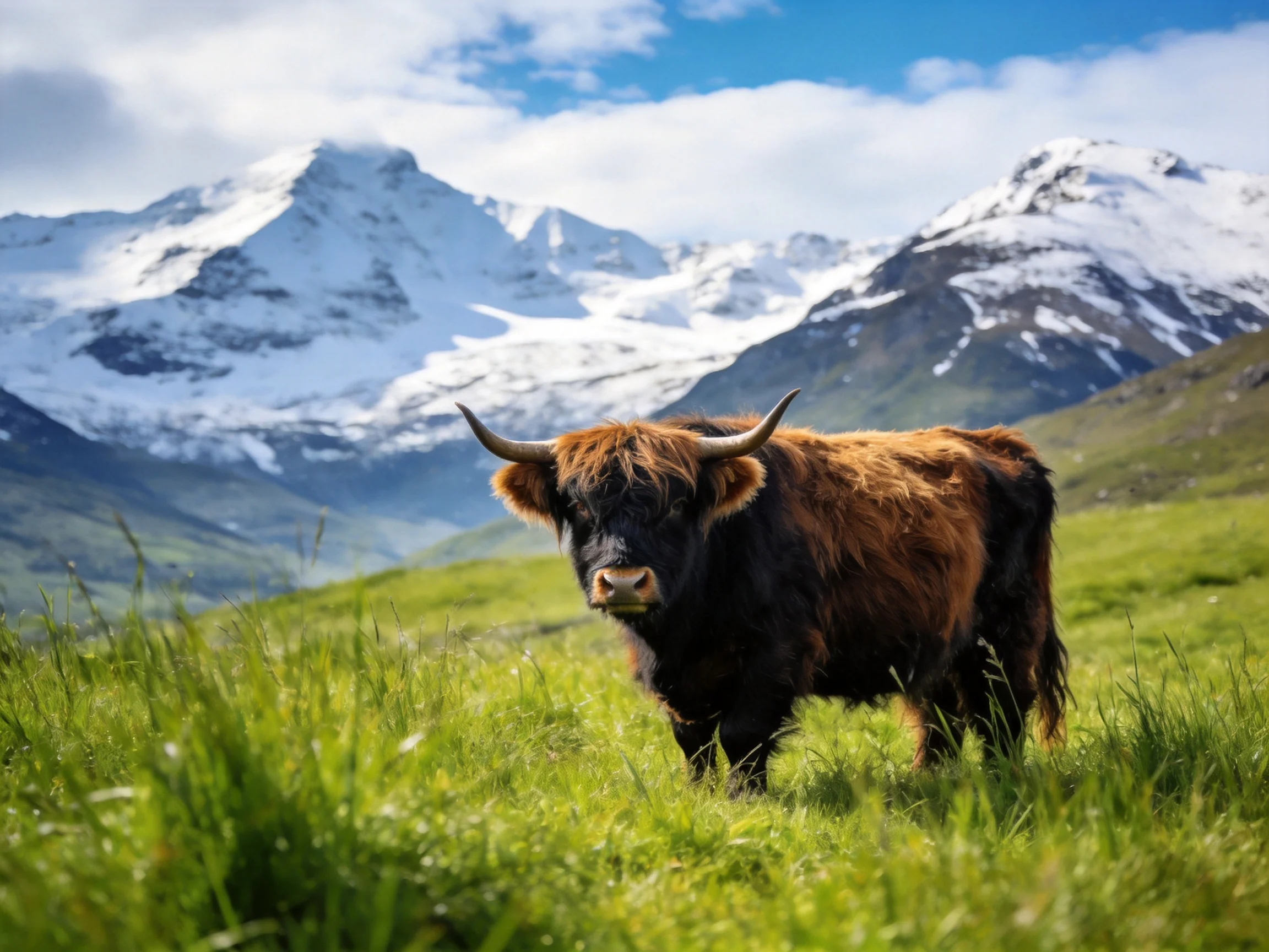 A black and brown Highland cow in a green meadow near snow - capped mountains