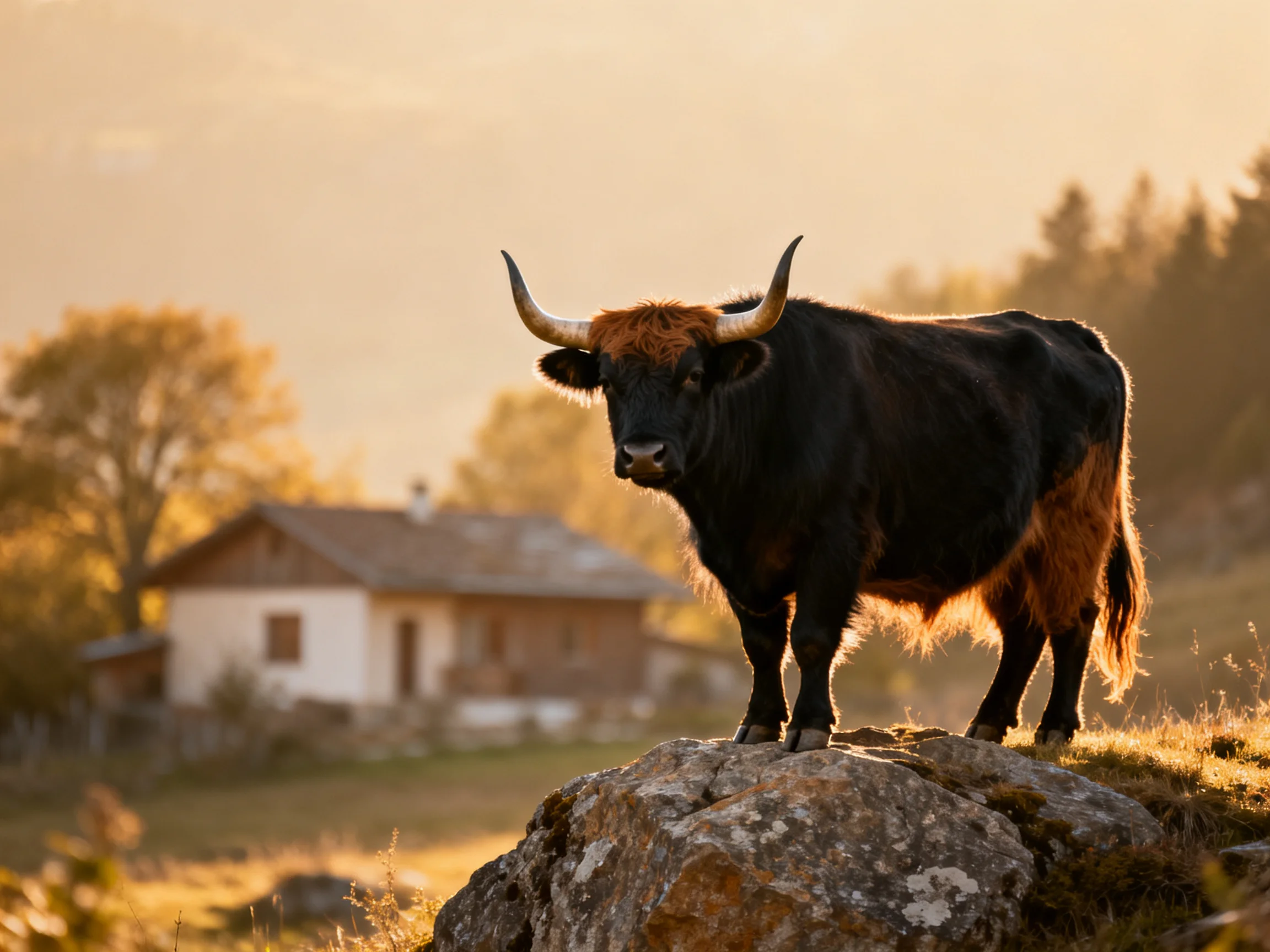 A black and brown bull stands atop a large rock near a countryside house