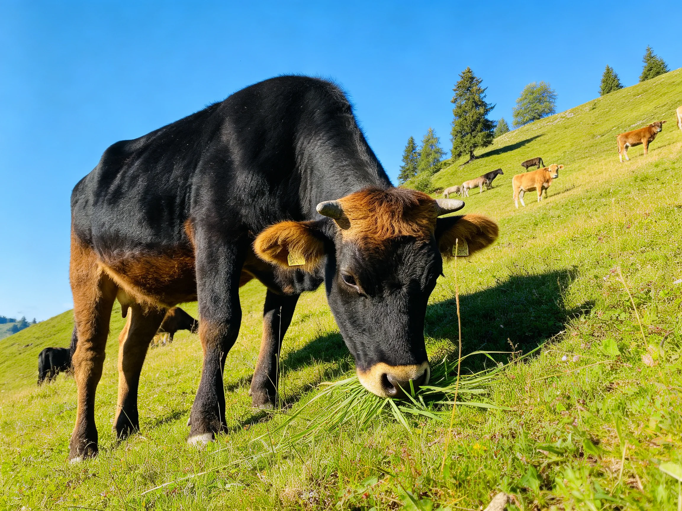 A black and brown cow grazes on a lush green hillside with other cattle
