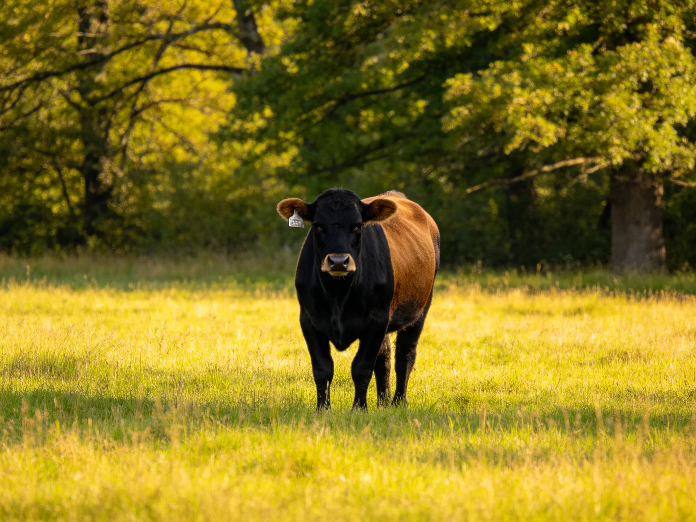 A black and brown cow in a golden meadow near lush green trees