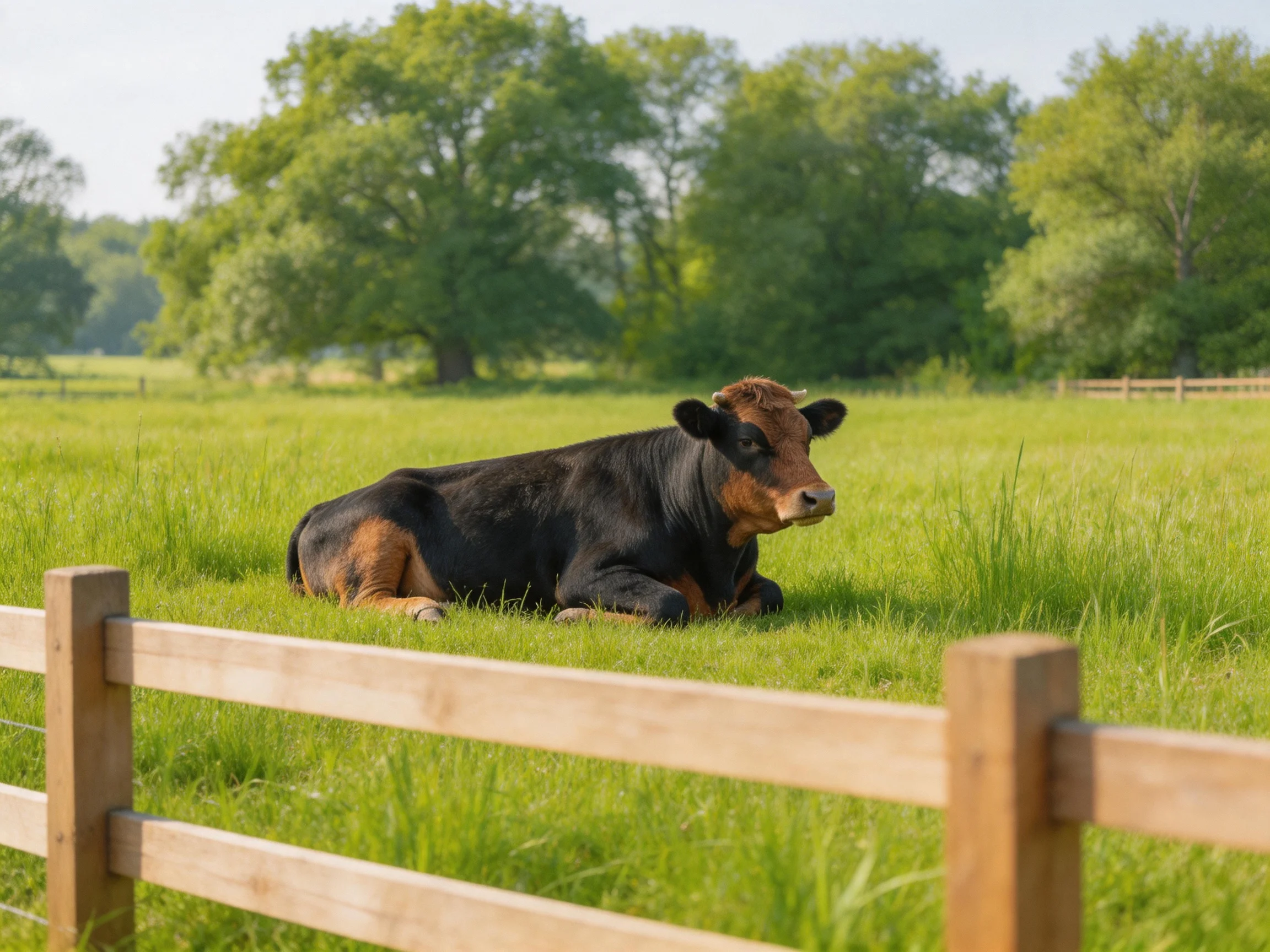 A black and brown cow rests in a lush green pasture near a wooden fence