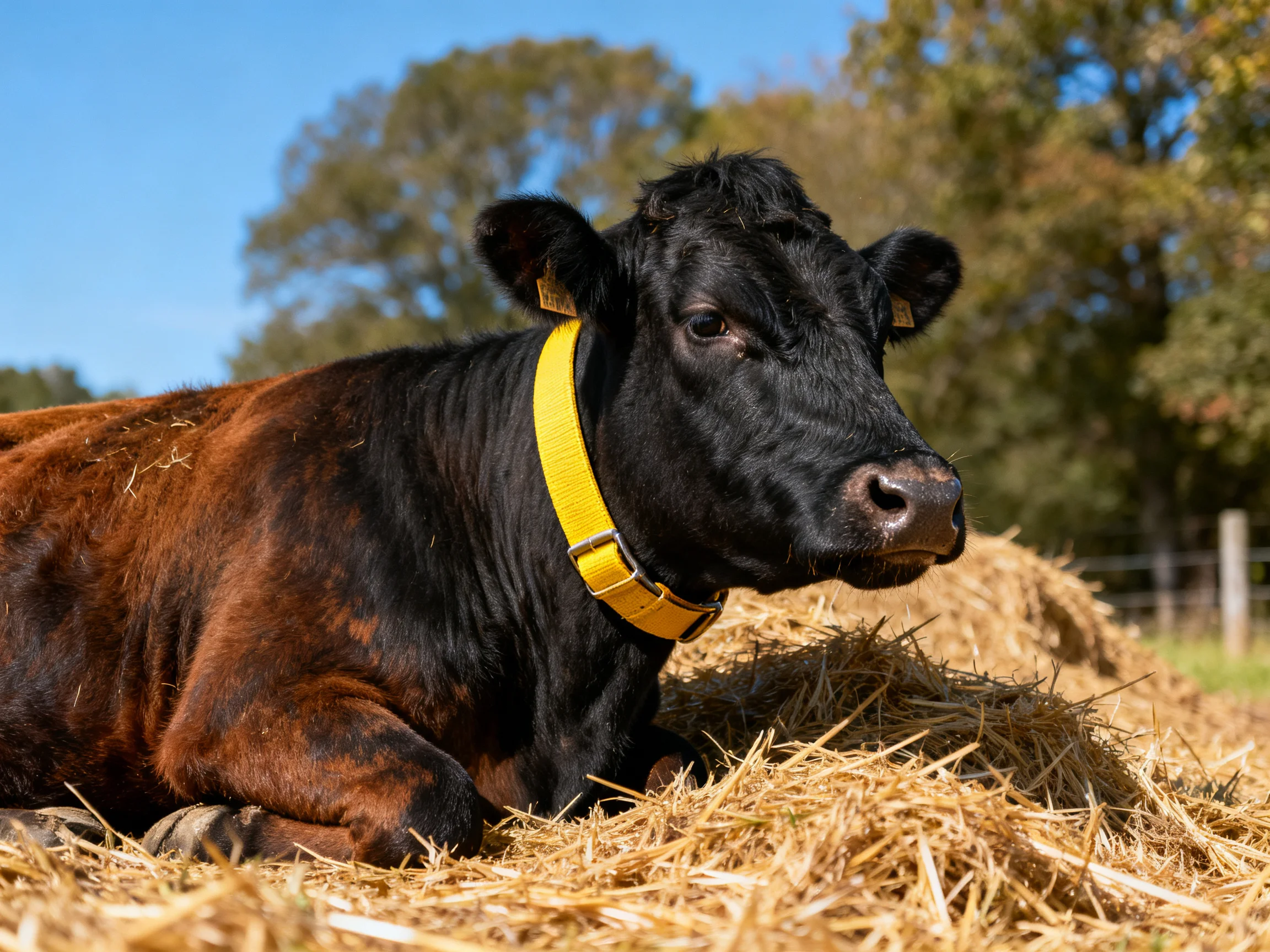 A black and brown cow rests on golden straw with a bright yellow collar