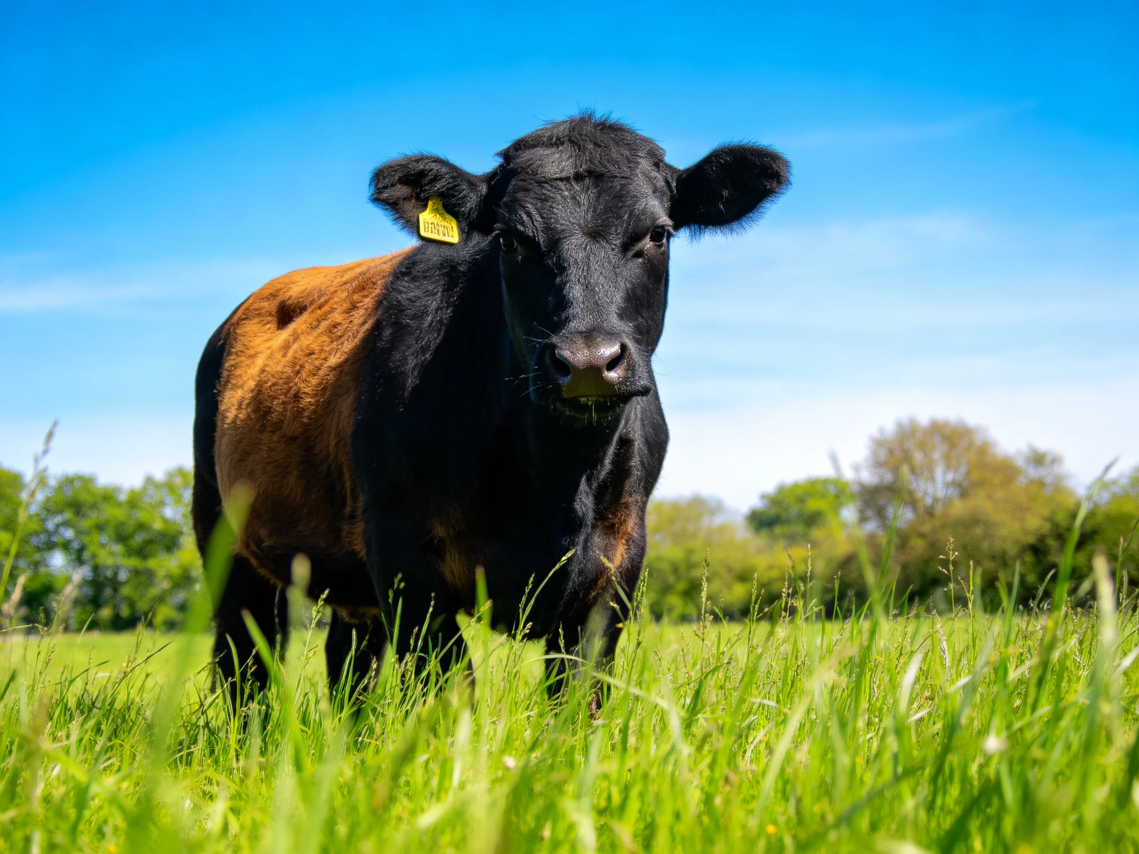 A black and brown cow stands in a lush green field