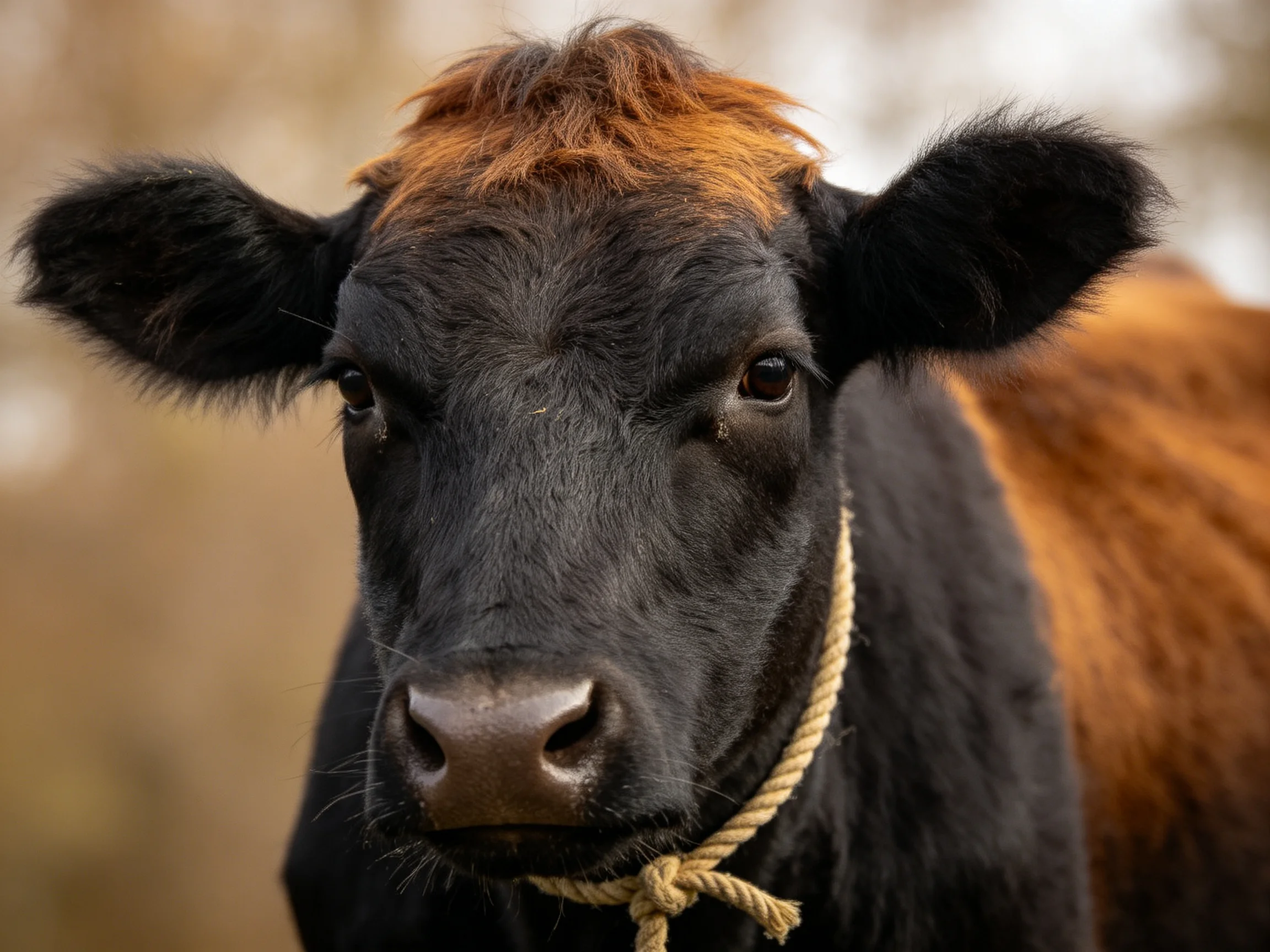 A black and brown cow with a rope necklace, ears perked, in focus