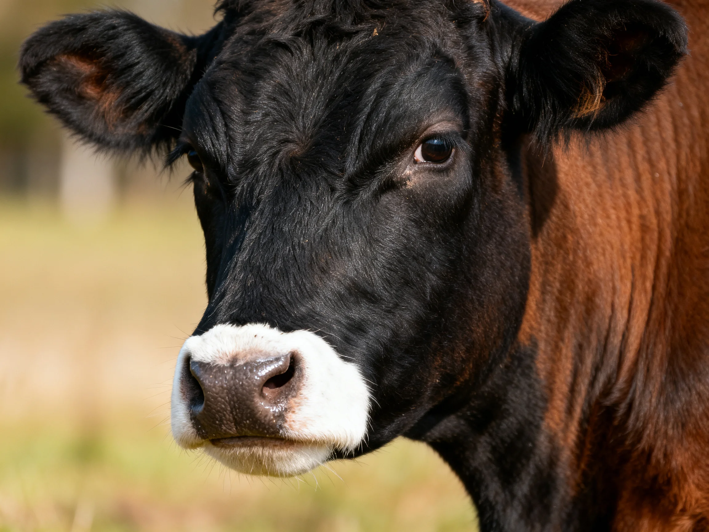 A close - up of a black and brown cow with a white snout in an outdoor setting.
