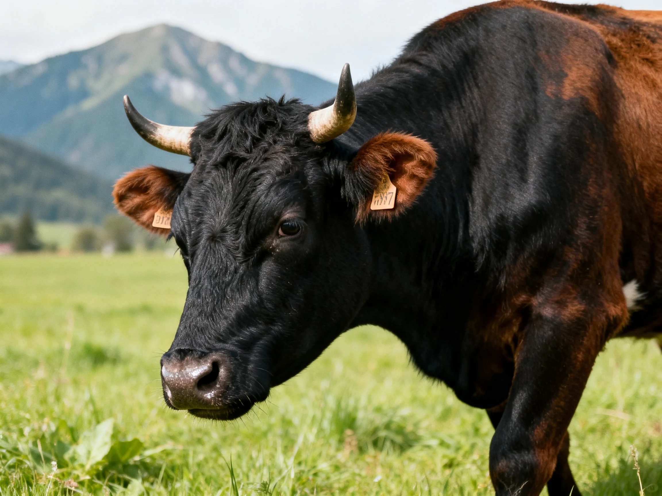 A black and brown horned cow in a sun - drenched meadow with distant mountains