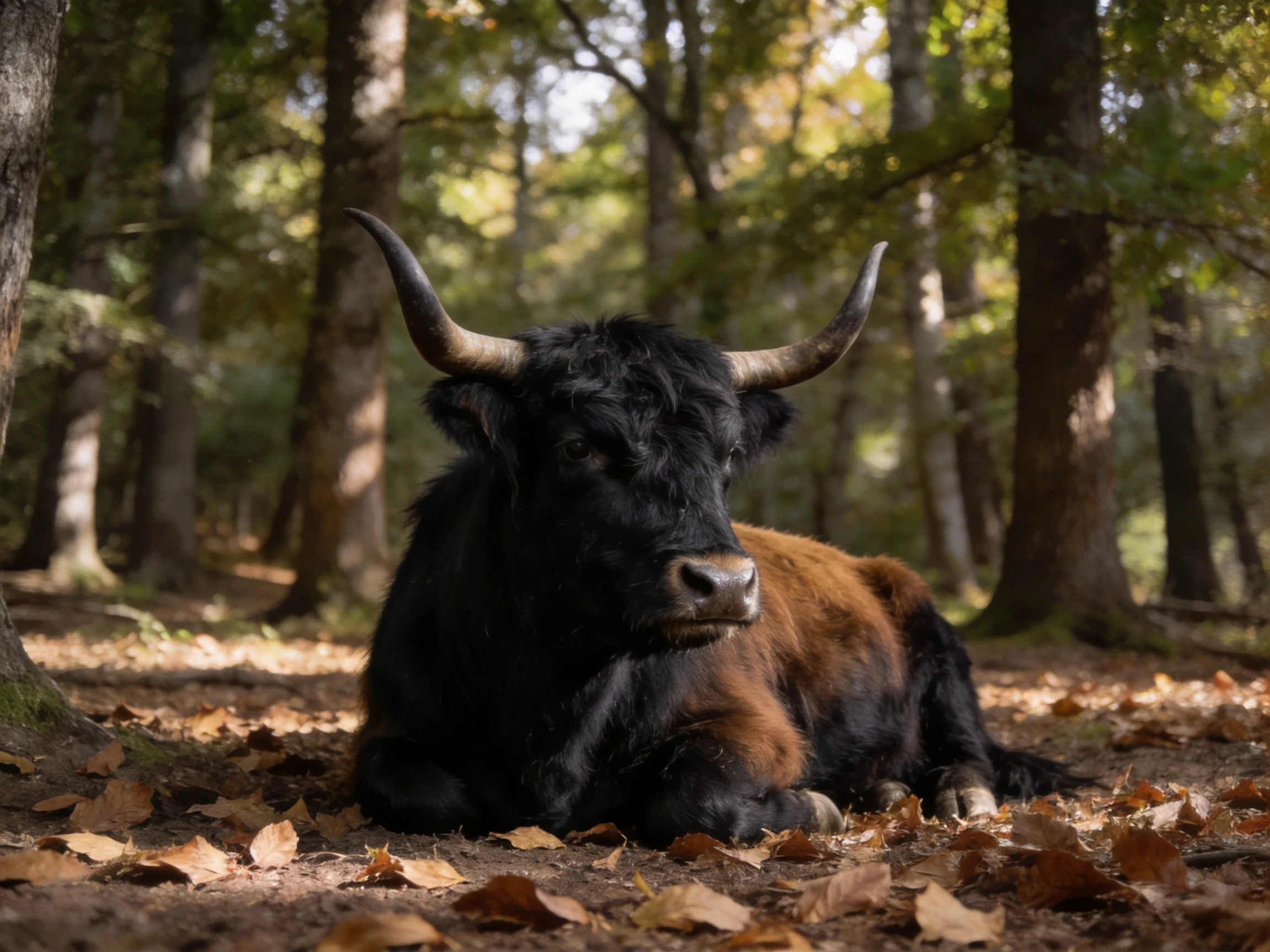A black and brown horned cow resting among autumn leaves in a wooded area