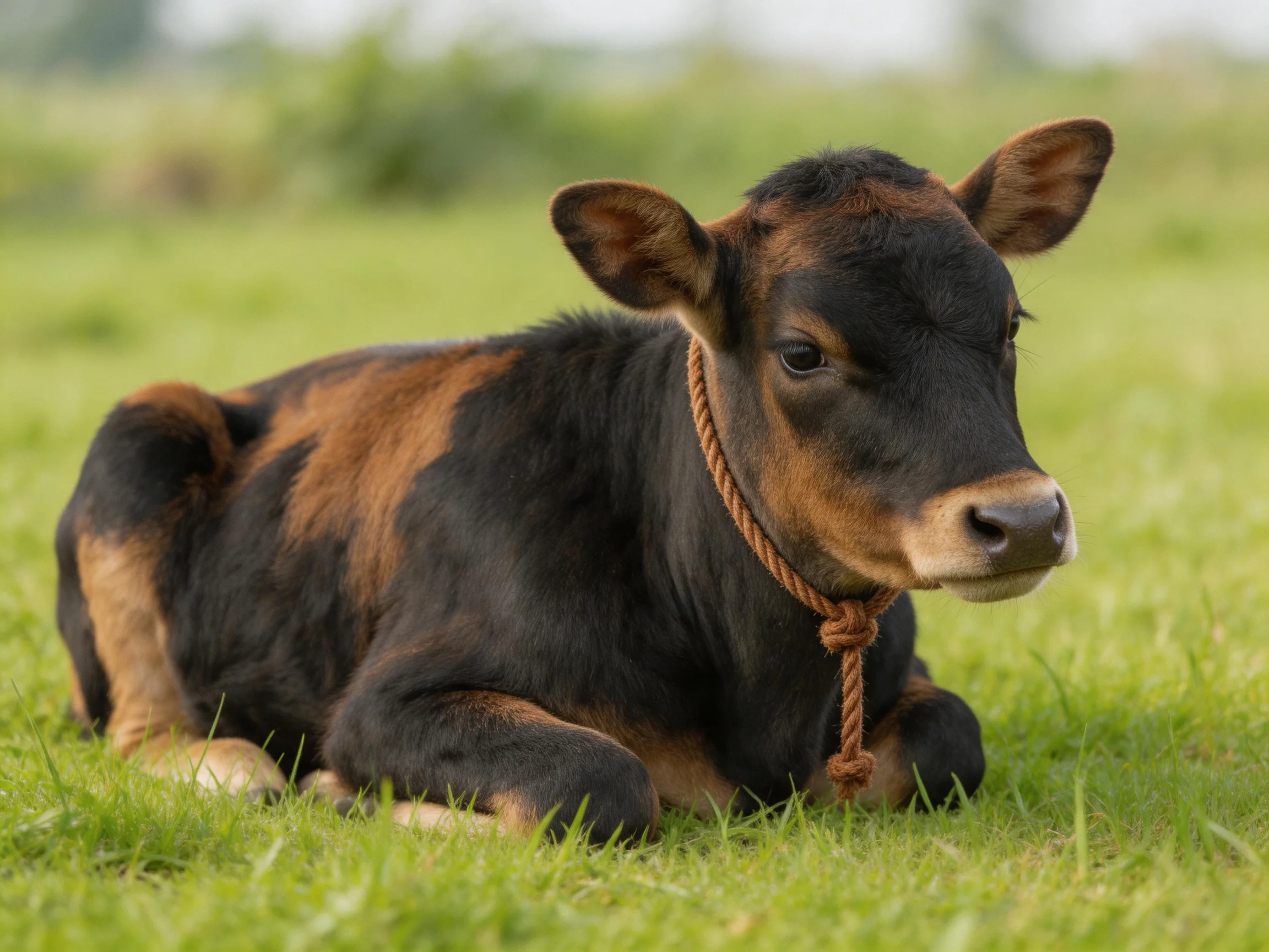 A black and brown spotted calf resting on lush green grass