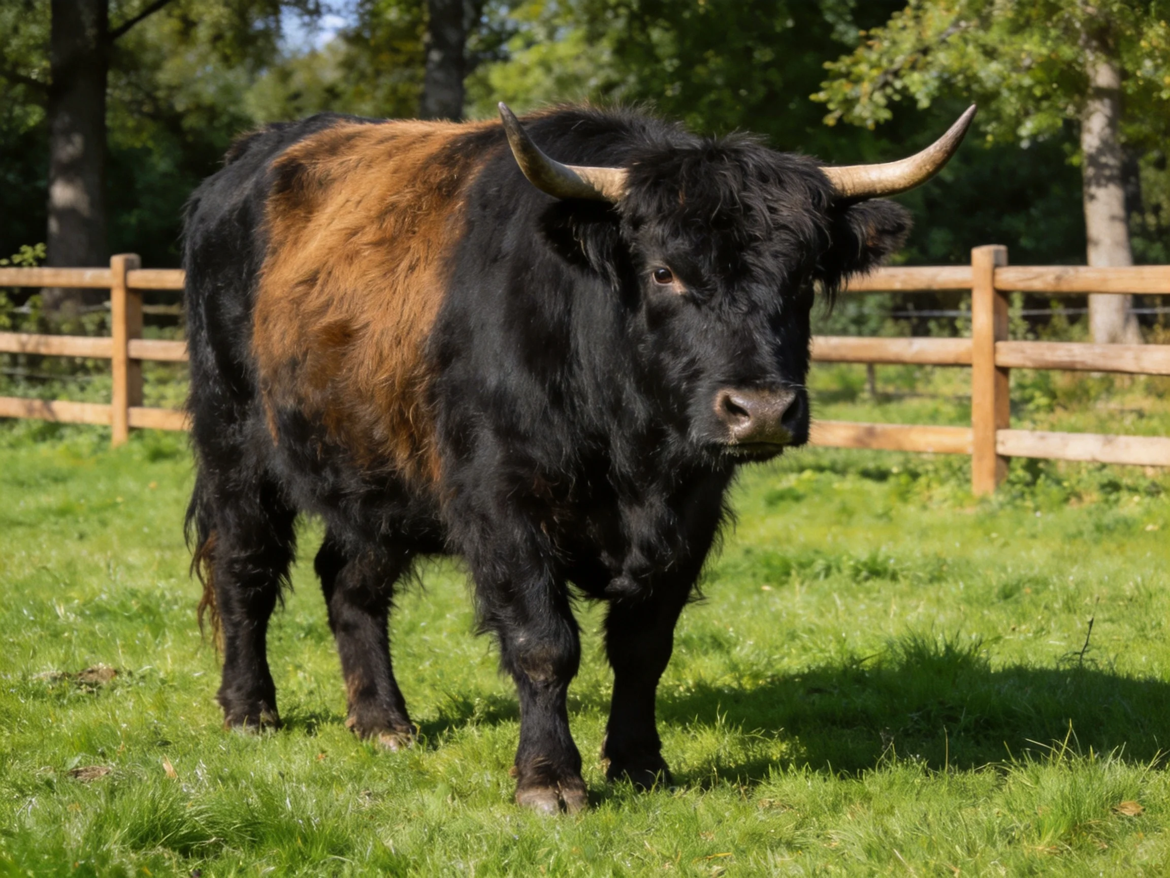 A black and tan Highland cow stands near a wooden fence in a green pasture