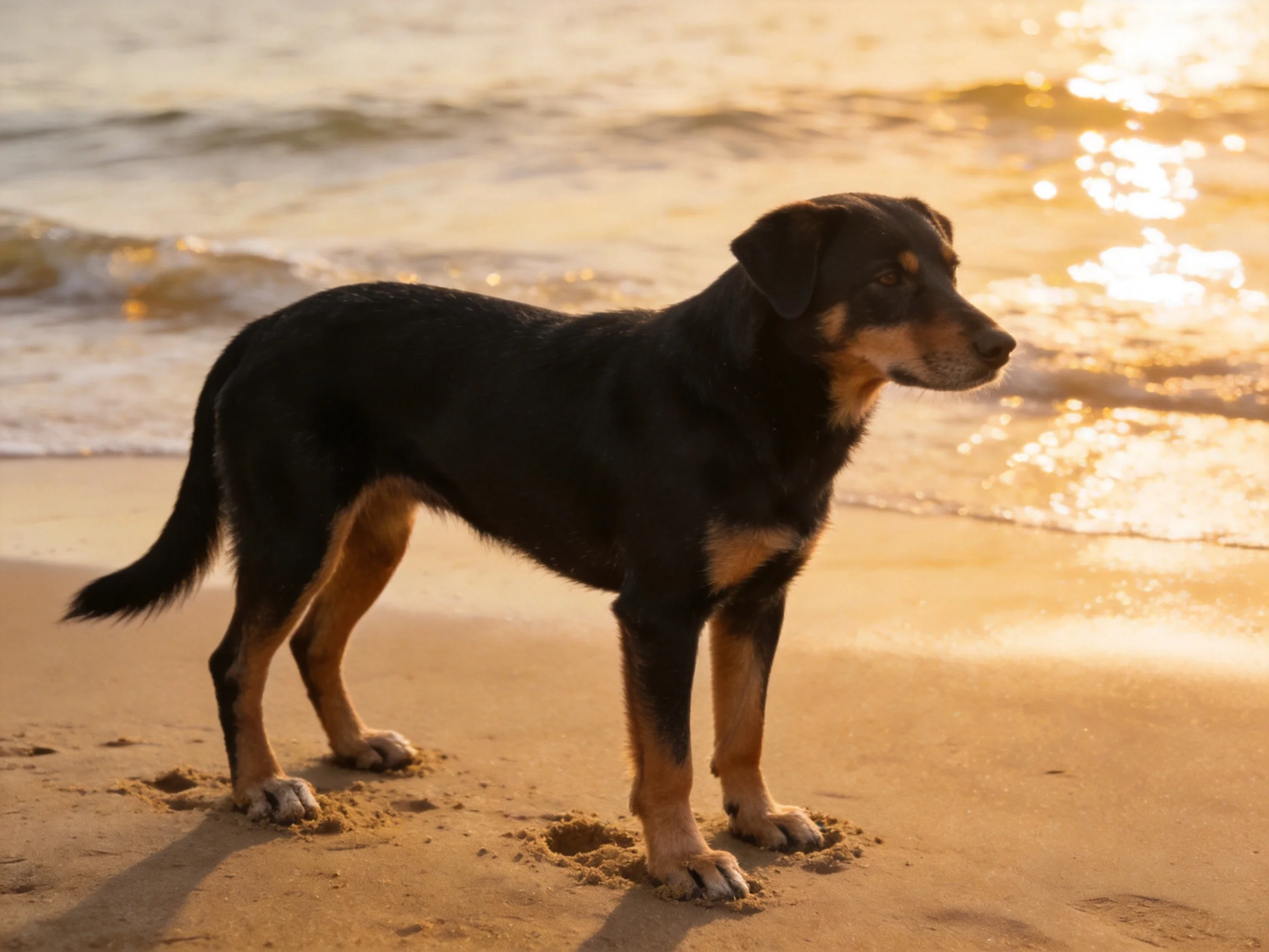 A black and tan dog stands on a sandy beach near glistening waves
