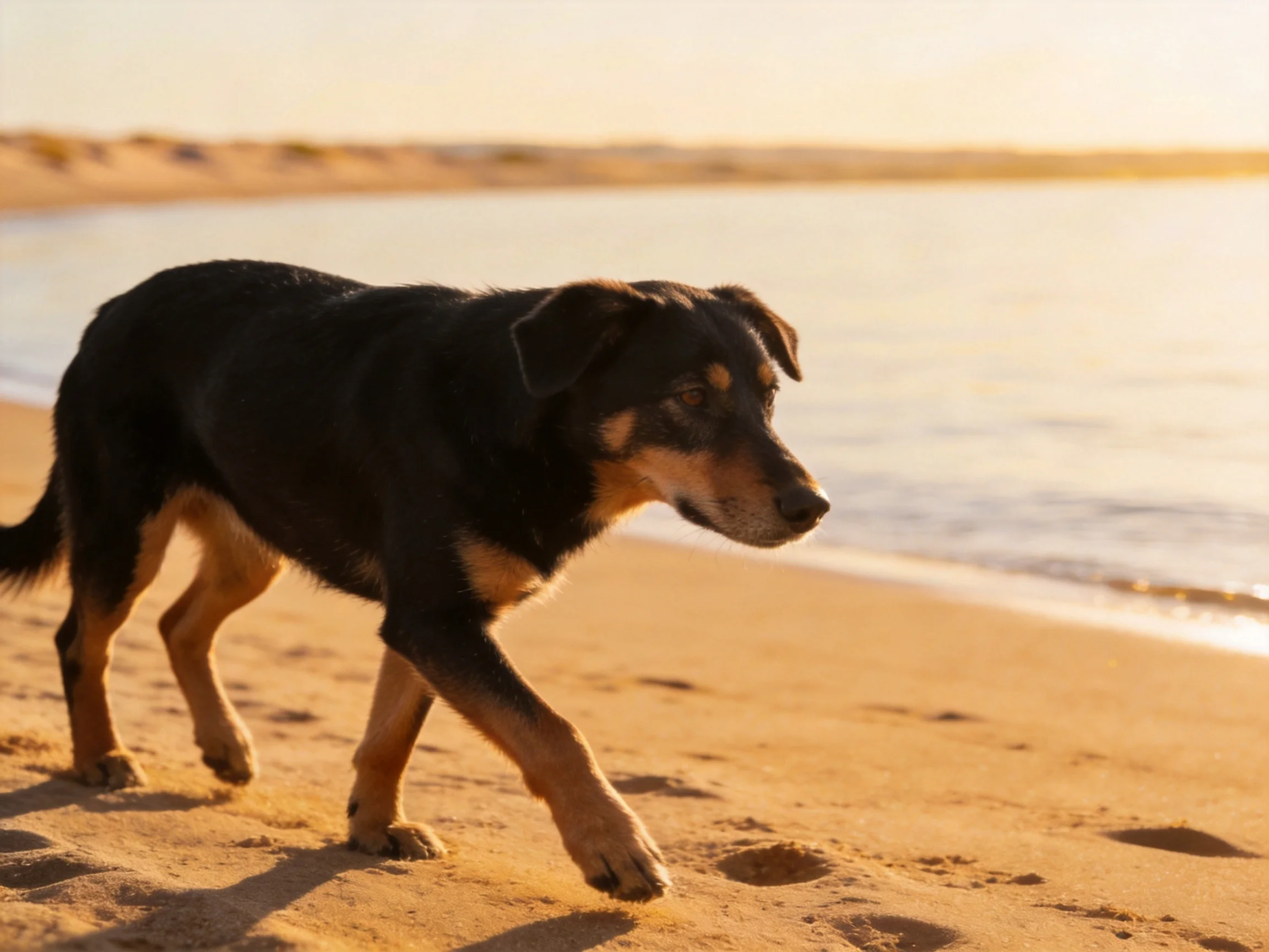 A black and tan dog walks on golden sandy shore by calm water