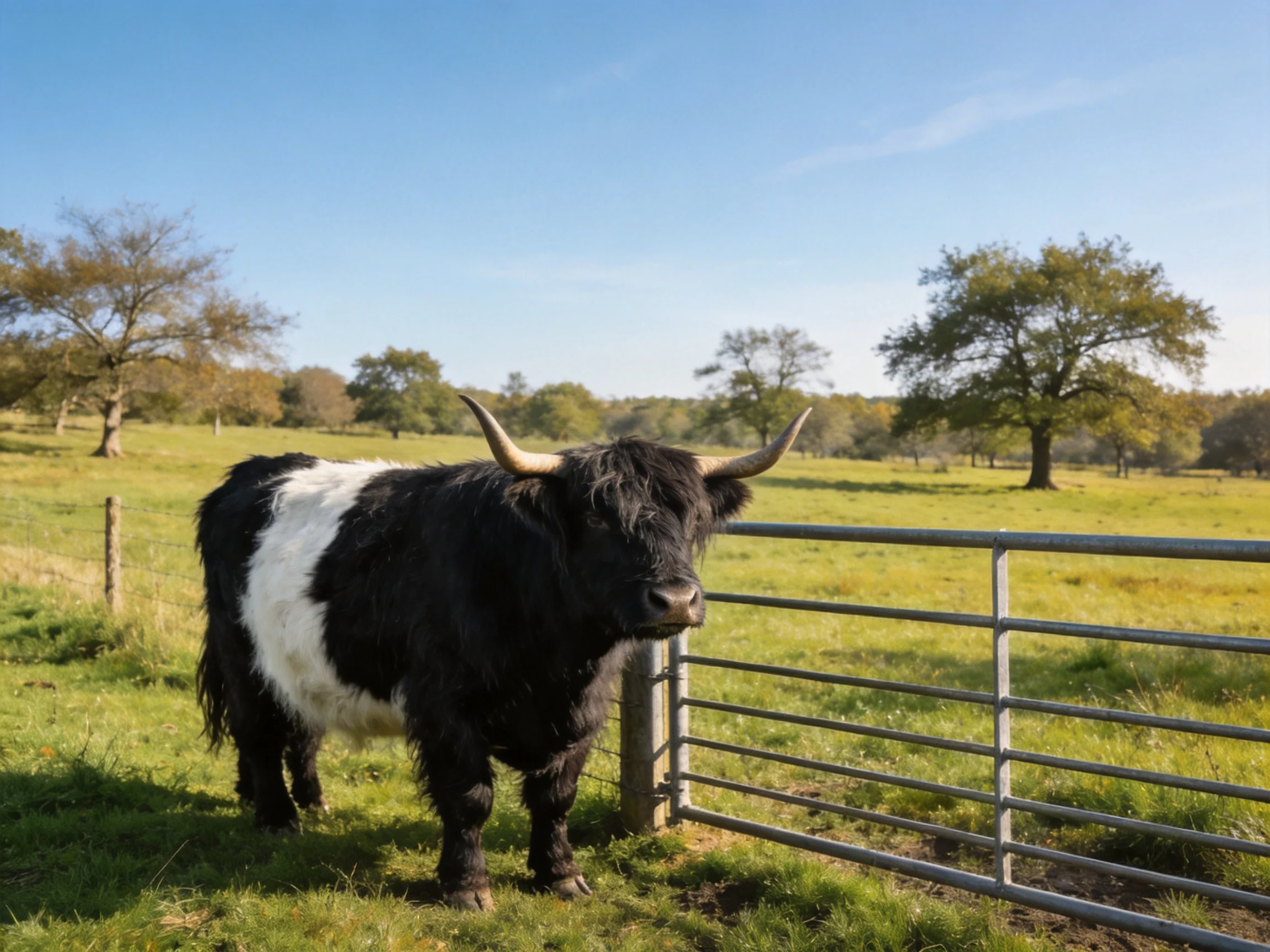 A black and white Highland cow stands by a metal gate in a sunlit meadow.