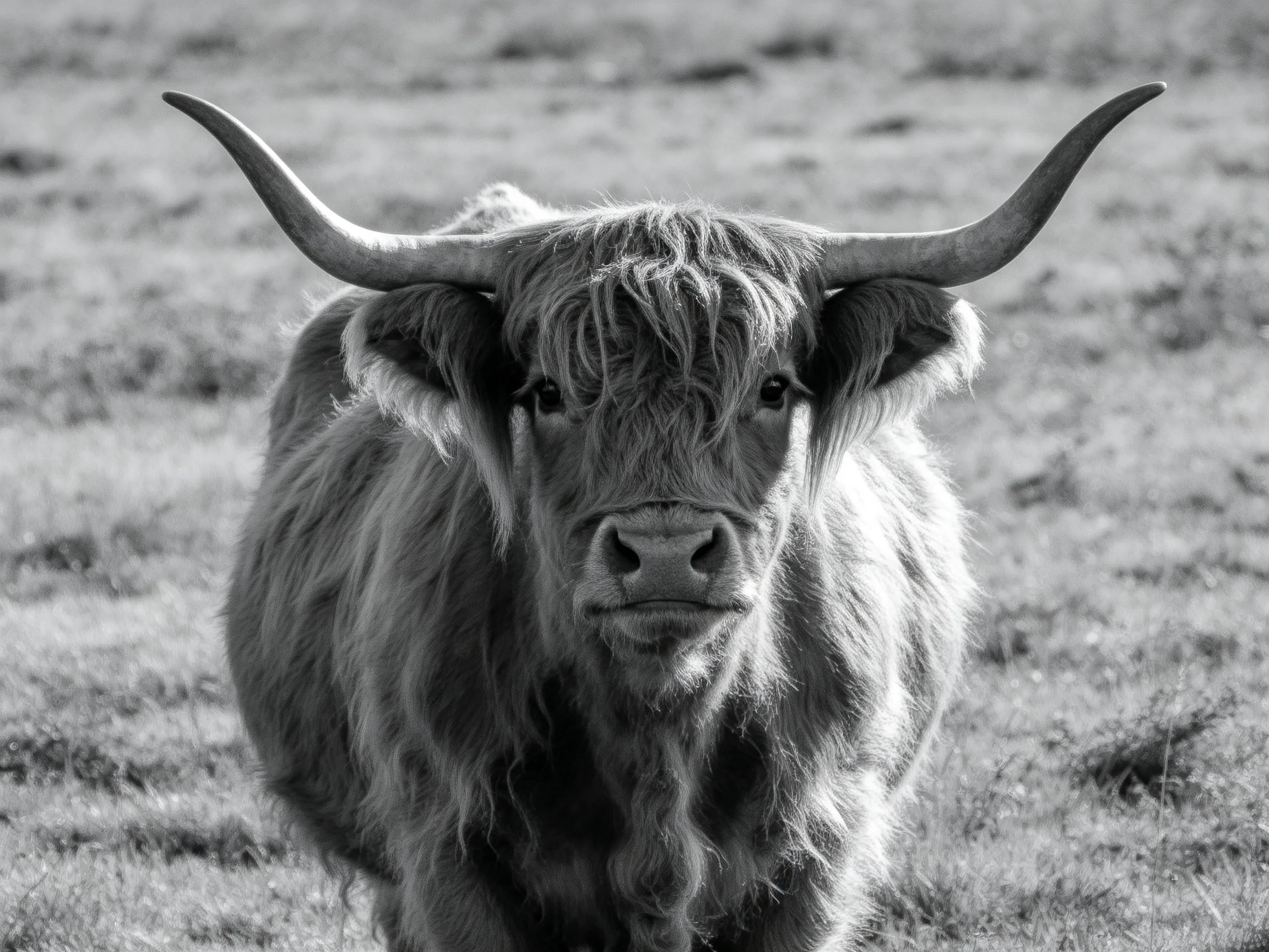 A black - and - white Highland cow with long curved horns stands in a grassy field.