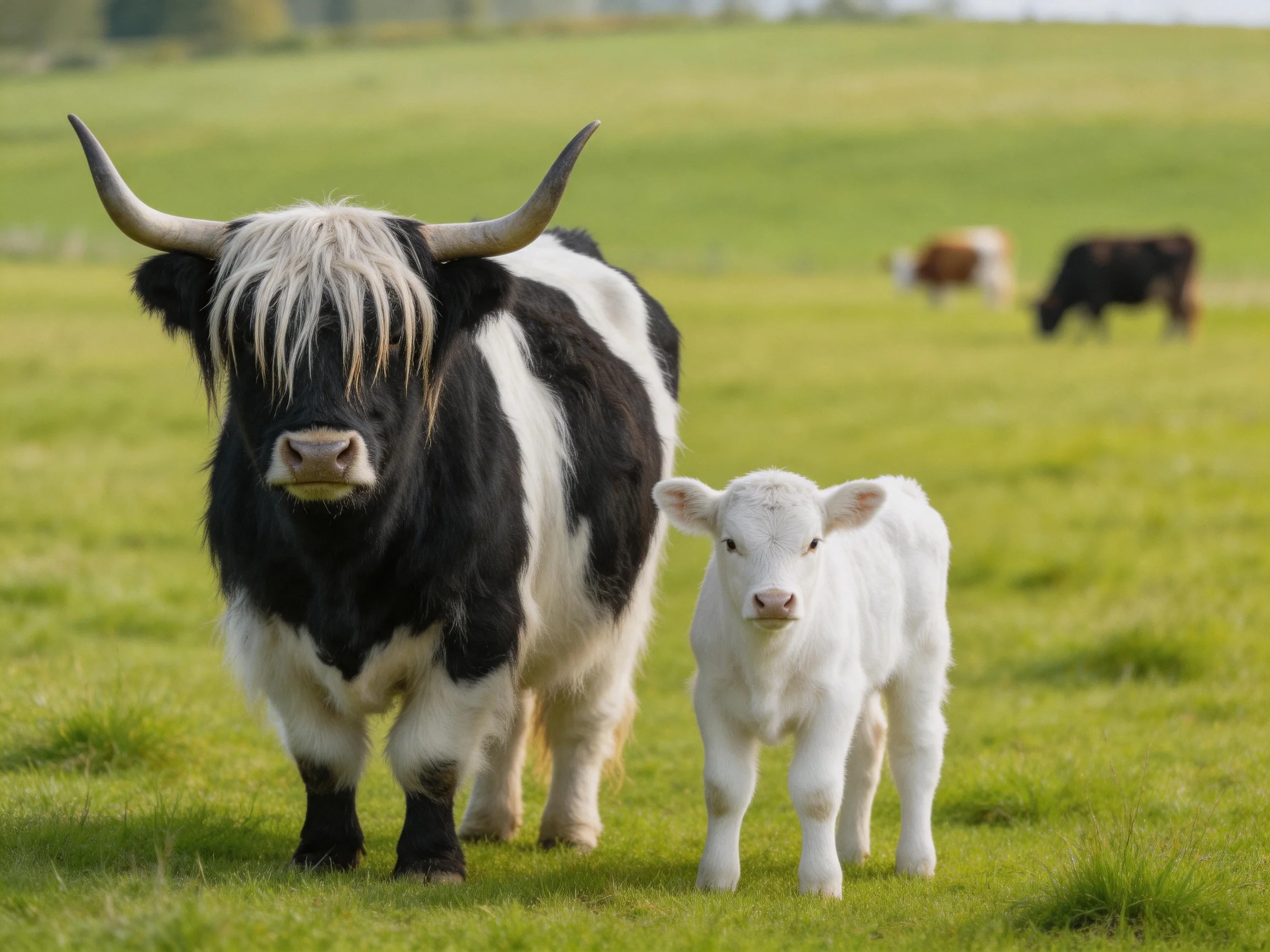 A black-and-white adult cow and white calf in a lush green pasture