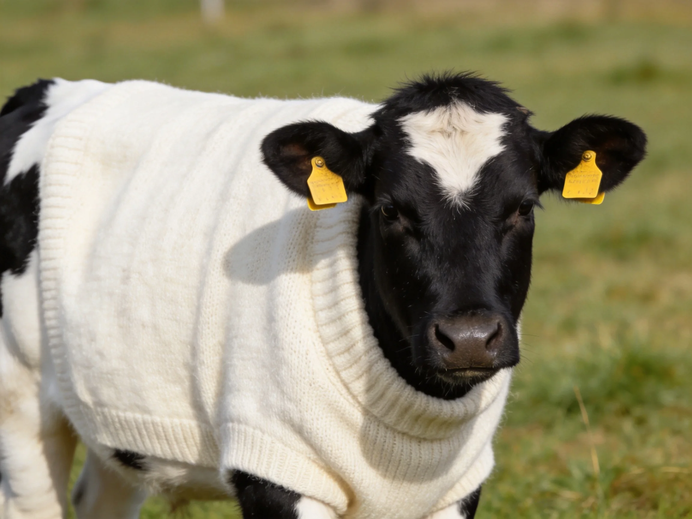 A black and white calf in a cream sweater with yellow ear tags