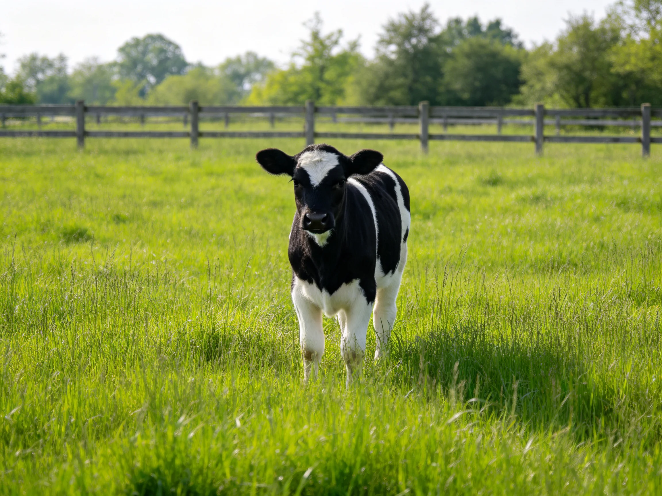 A black and white calf in a lush green pasture with a wooden fence
