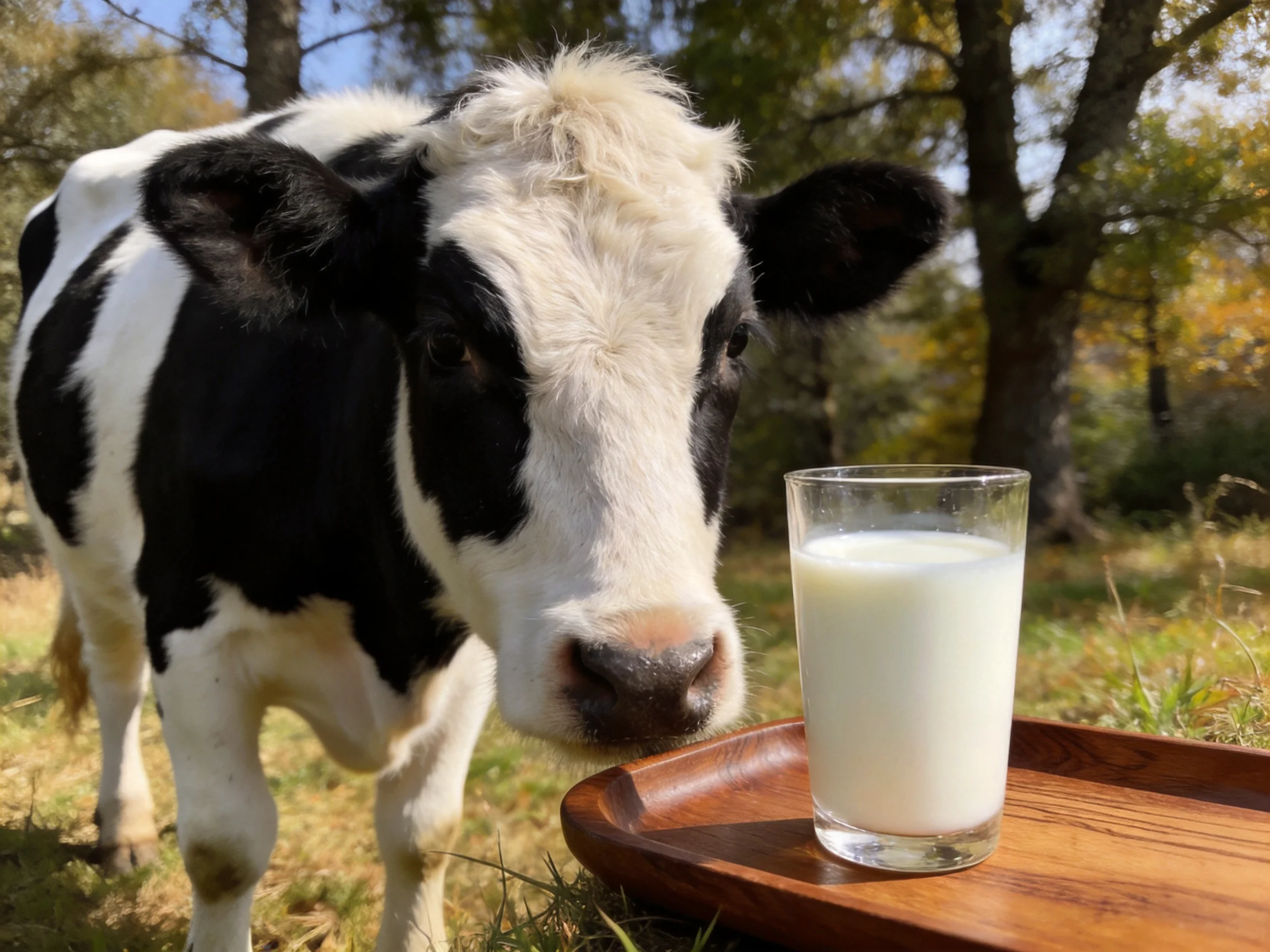 A black and white calf near a glass of milk on a wooden tray outside