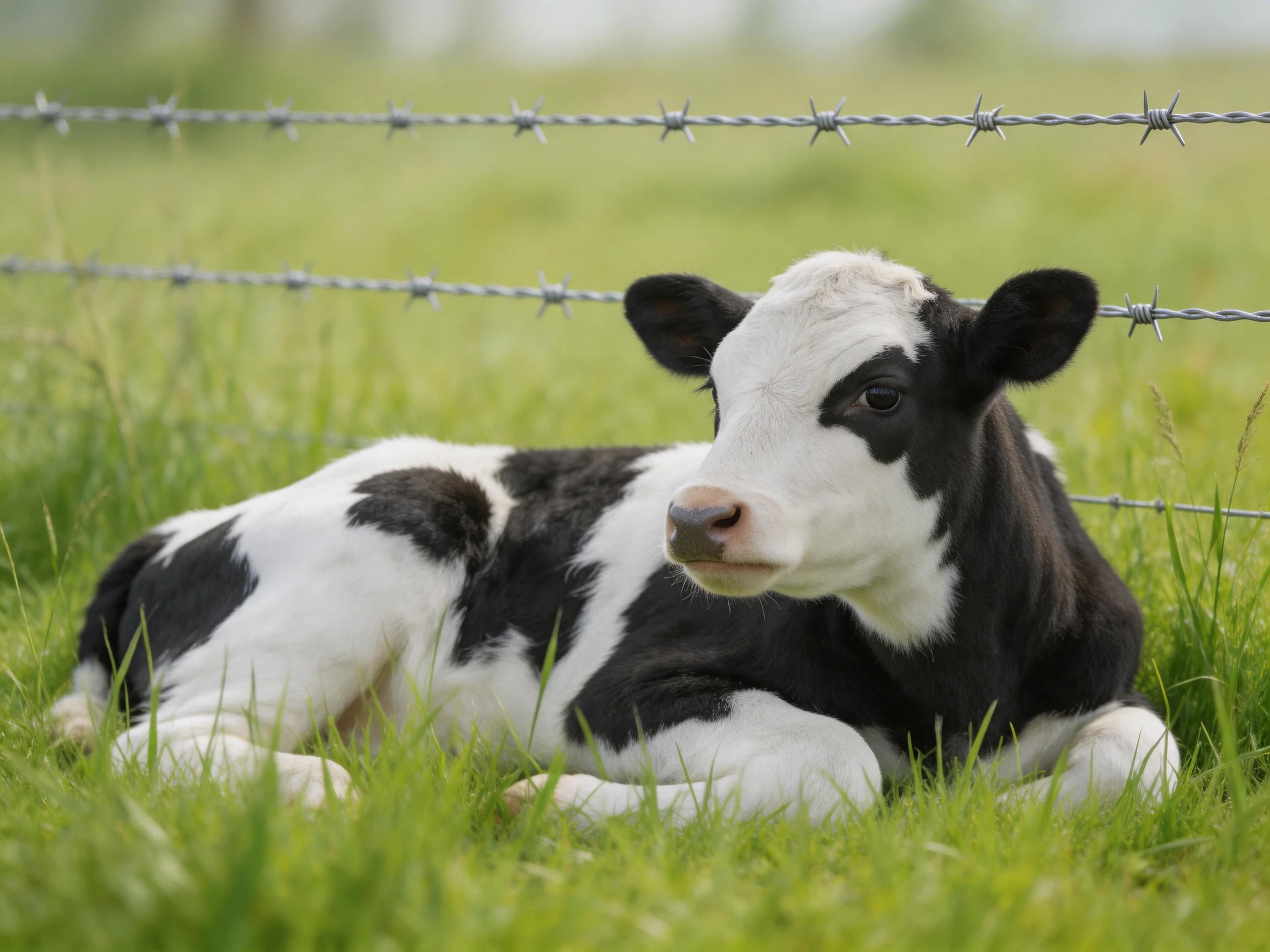 A black and white calf resting in lush green grass near barbed wire fence