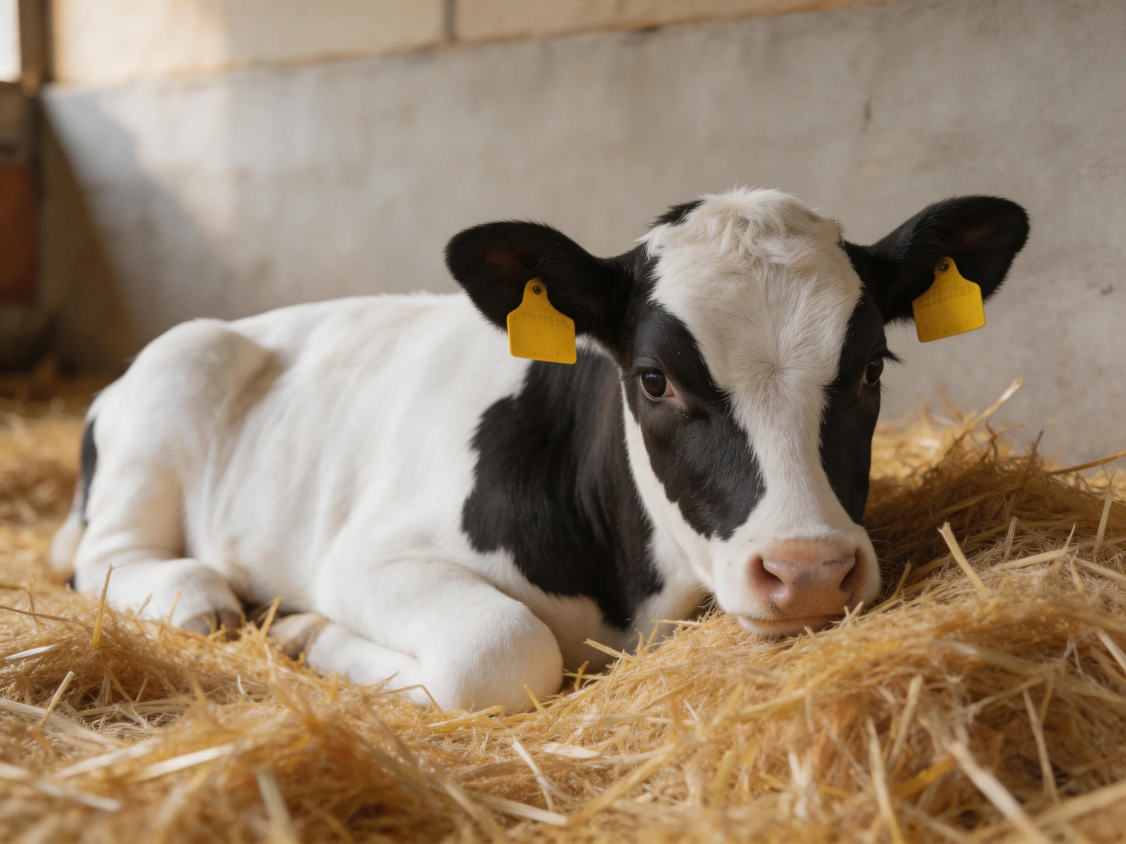 A black and white calf resting on golden straw in a barn