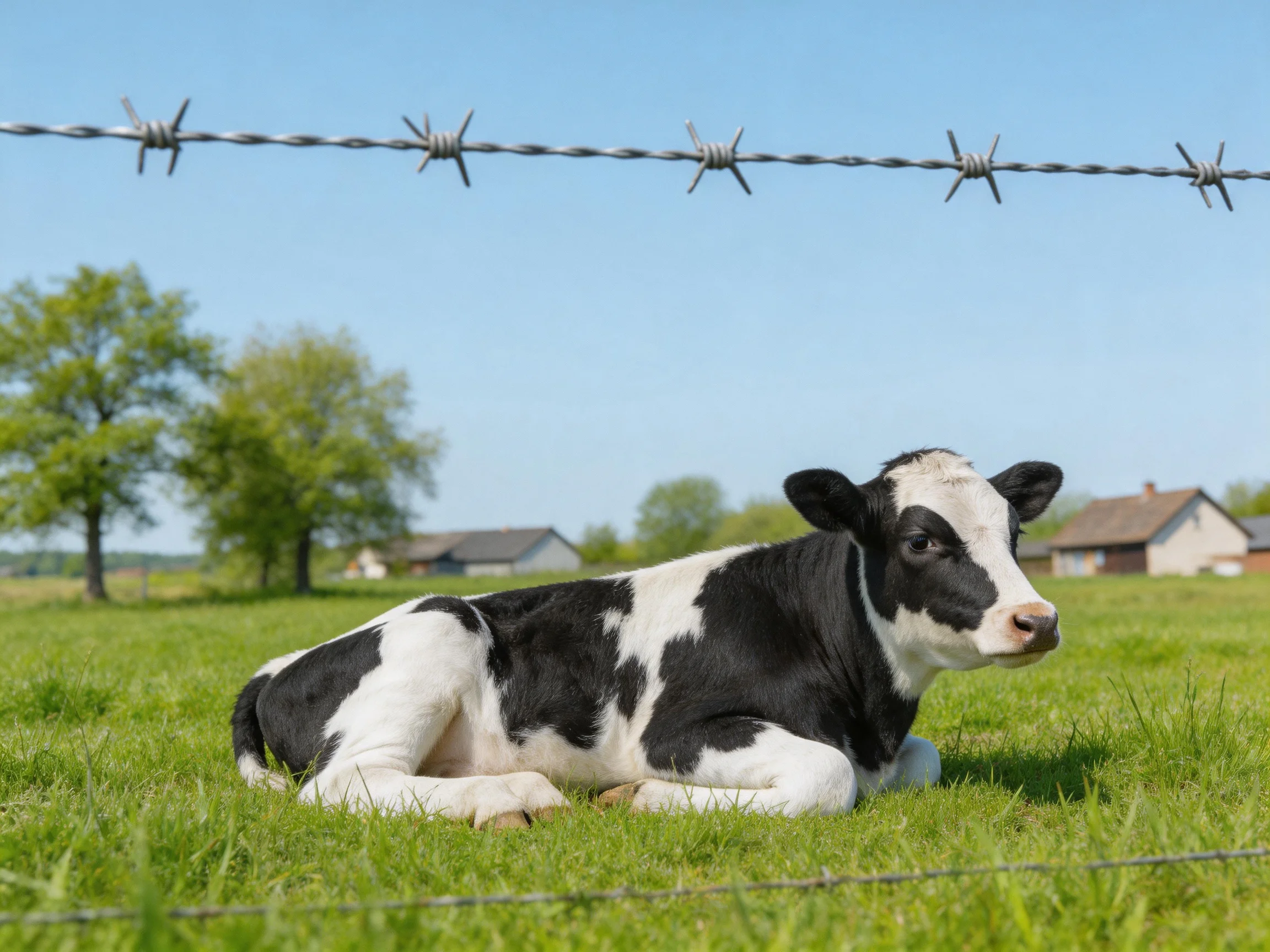 A black and white calf rests peacefully in a sunny pasture near farmhouses.