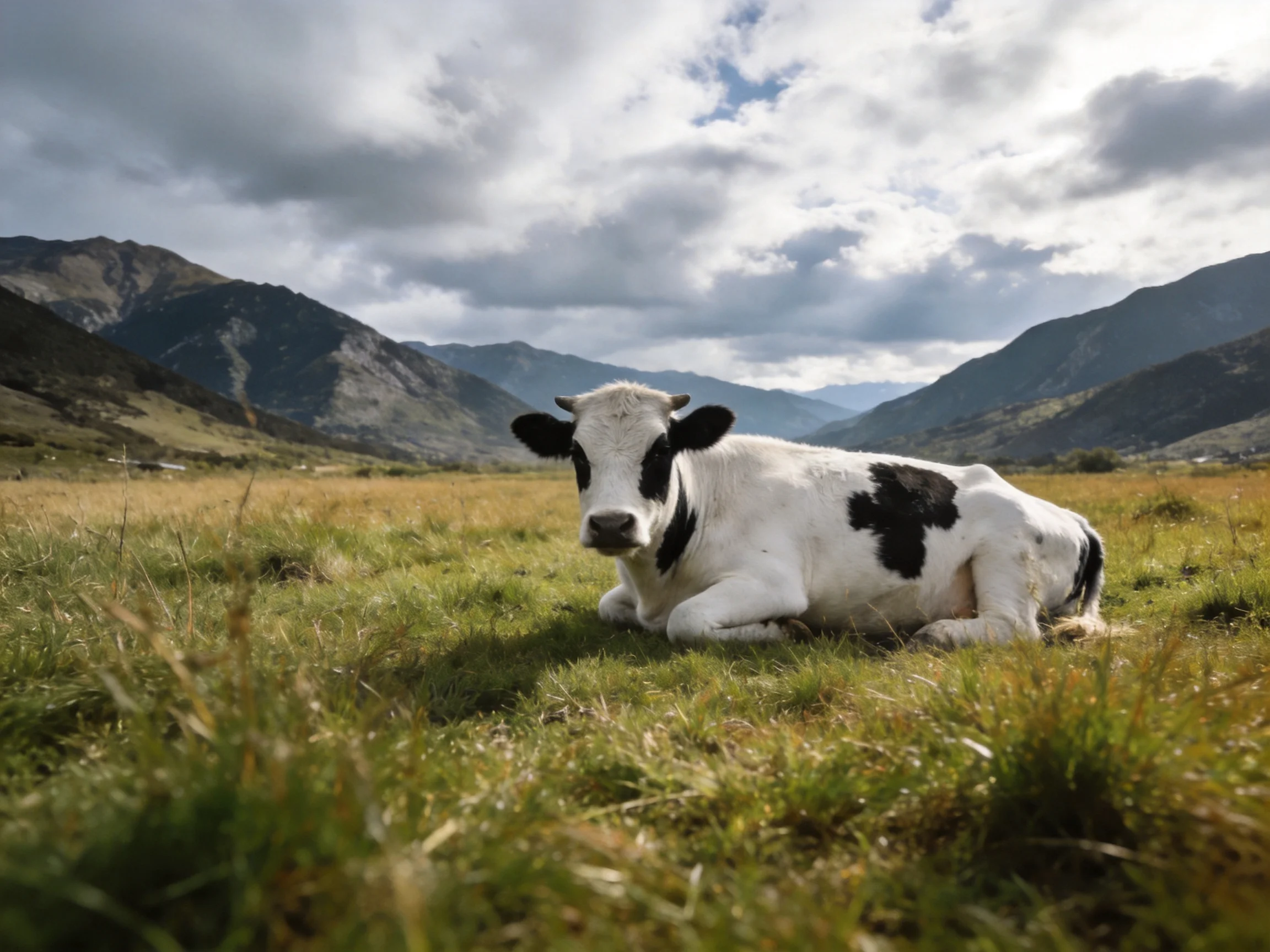 A black-and-white calf rests in a lush green meadow near mountainous terrain