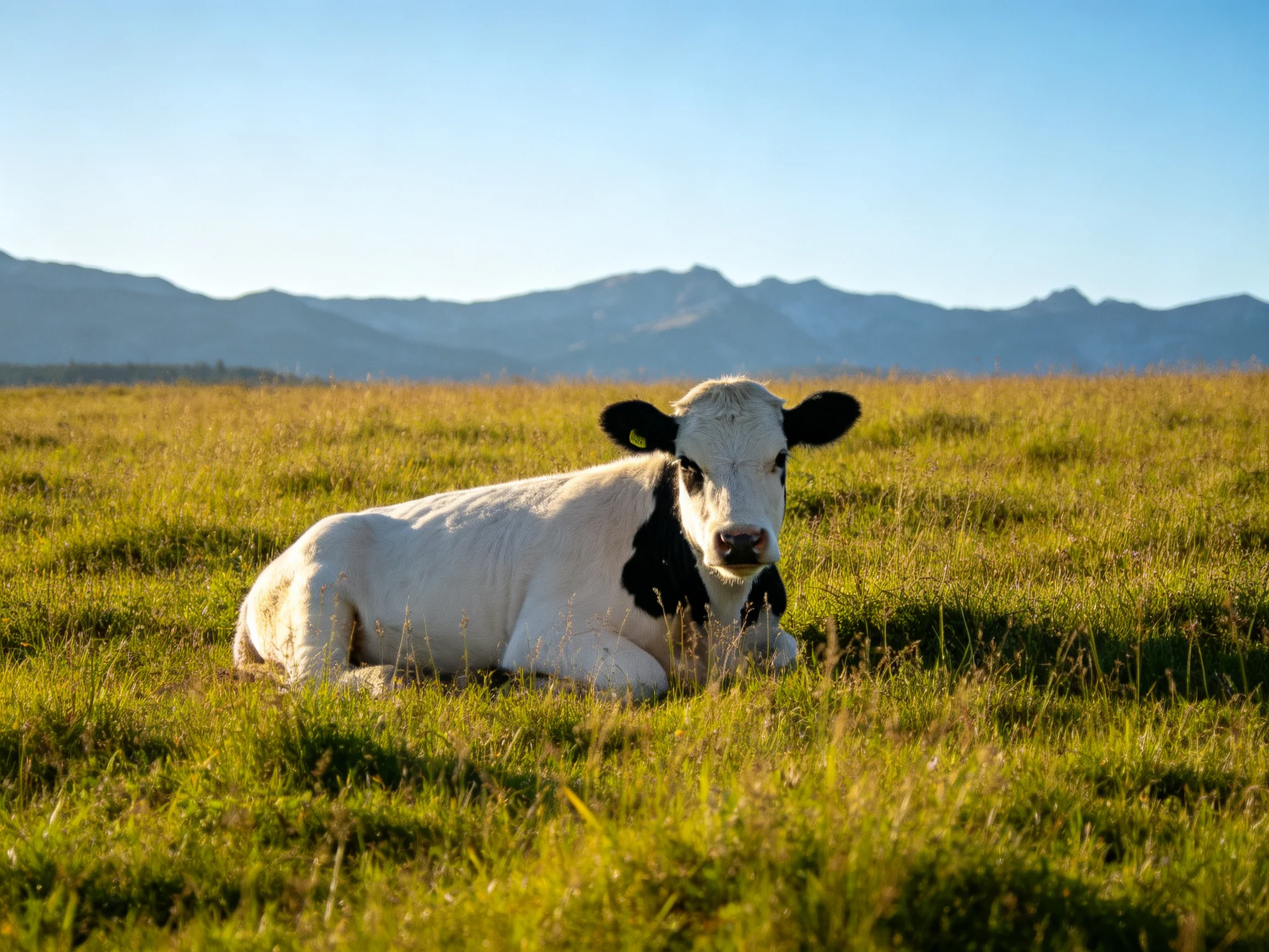 A black-and-white calf rests in a sunlit grassy meadow with distant mountains