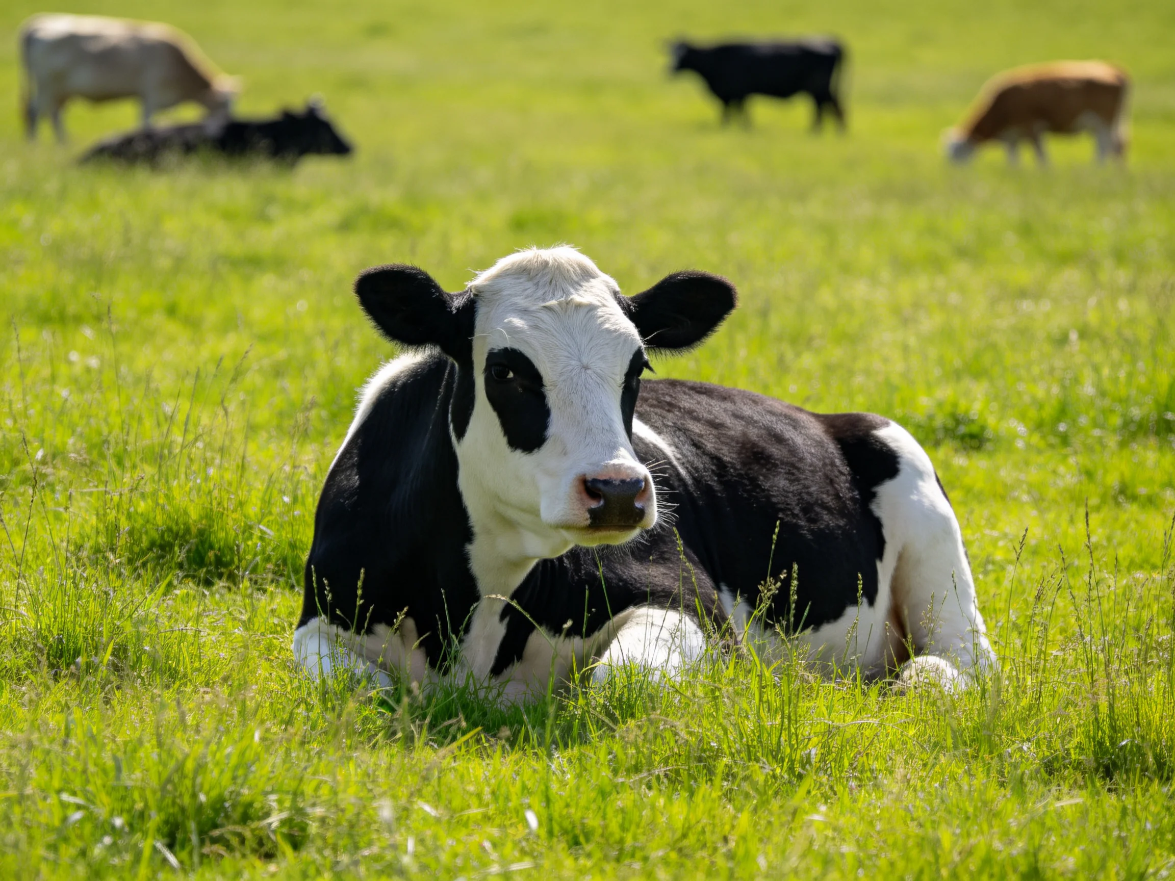 A black and white calf rests in lush green pasture with other cows