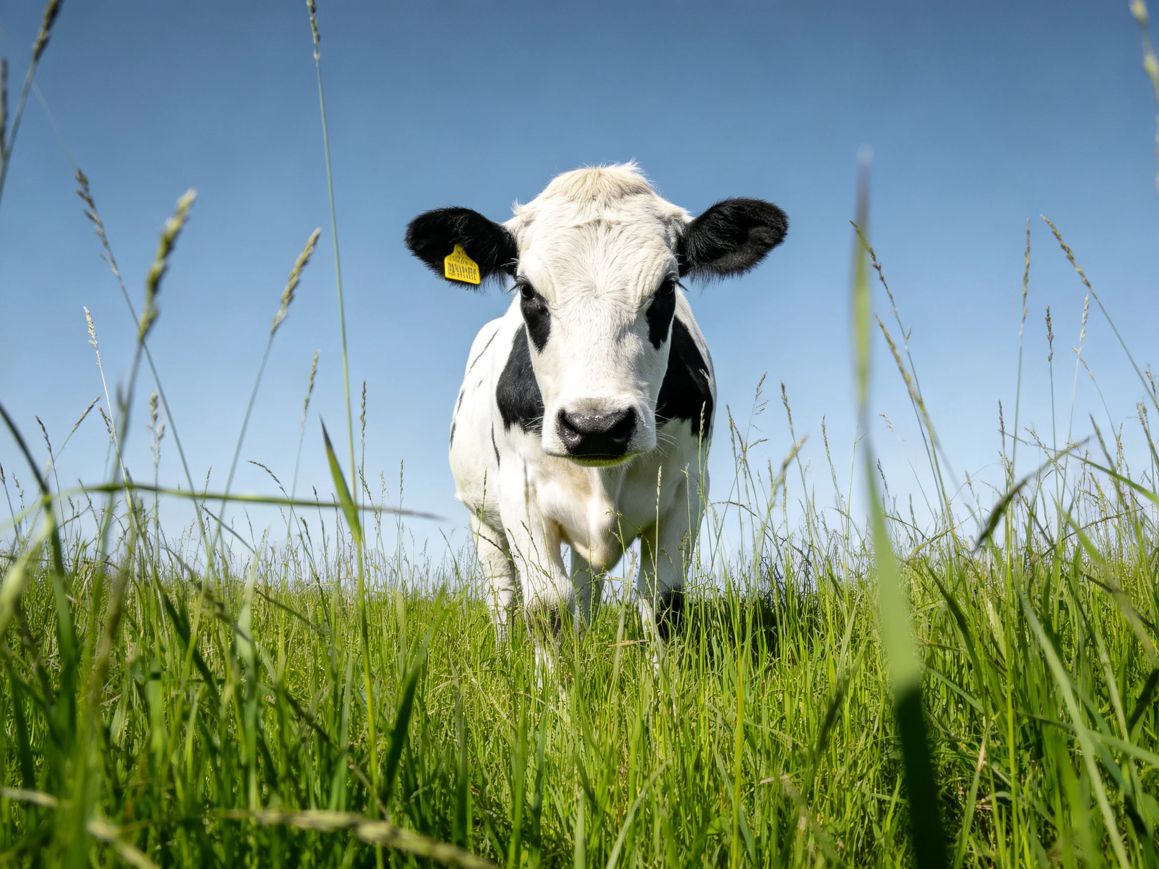 A black-and-white calf stands in tall green grass under clear blue sky