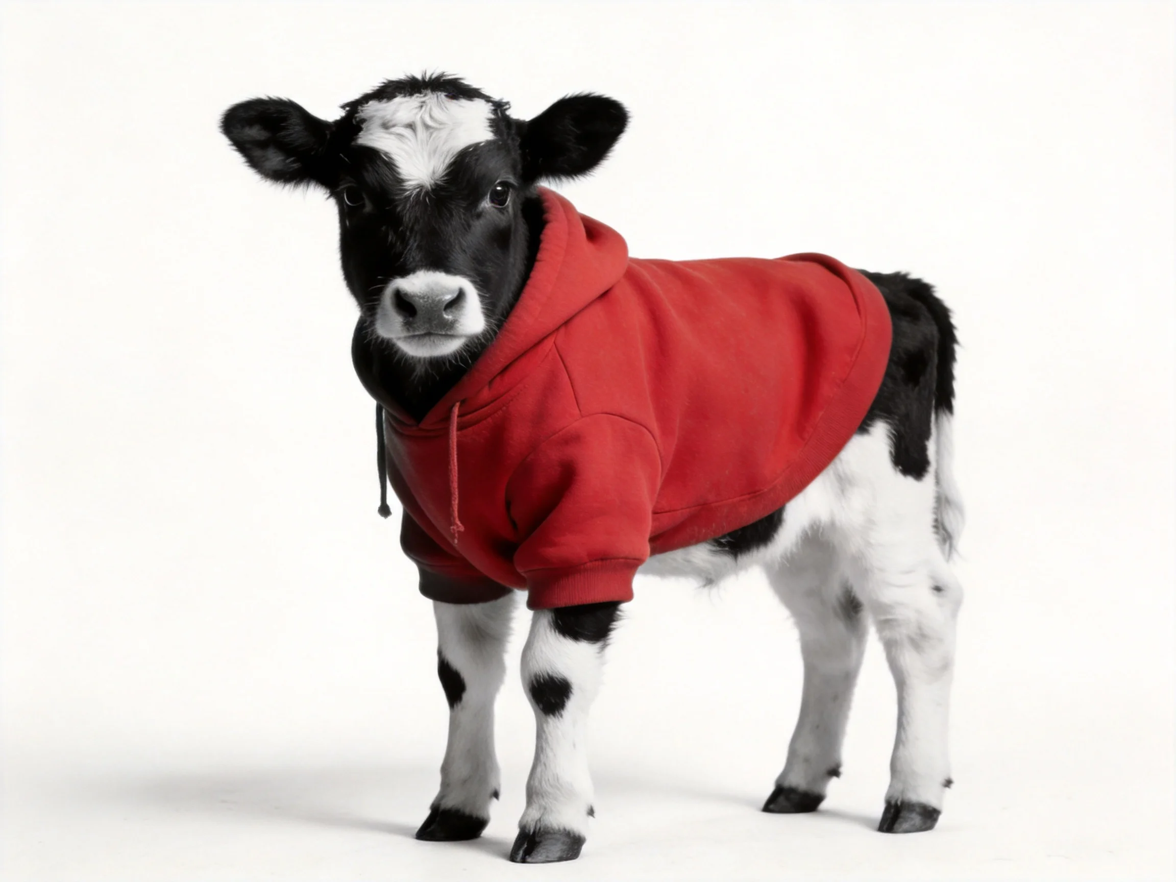 A black and white calf wearing a bright red hoodie